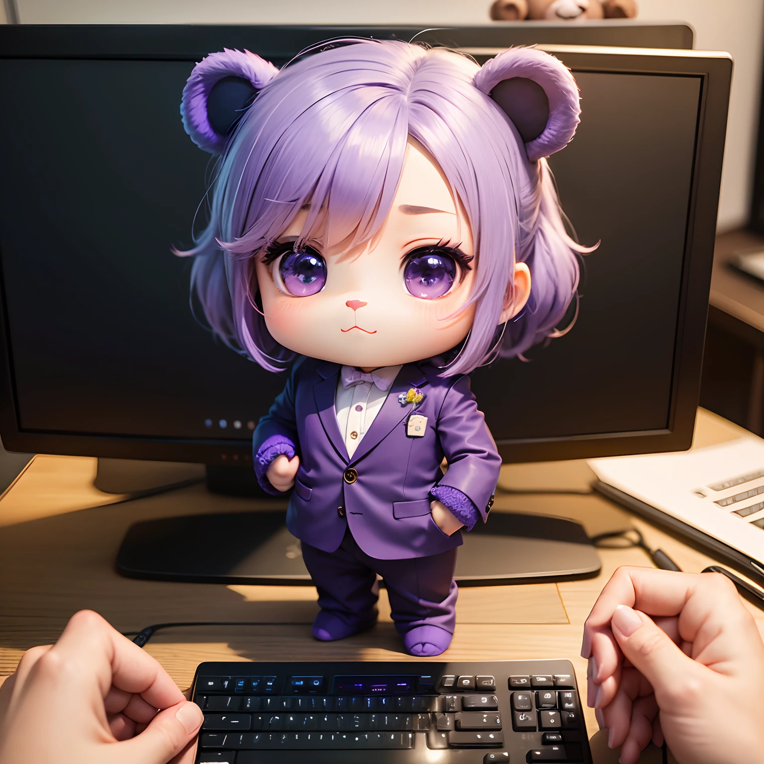 masterpiece、top-quality、ultra-detailliert、(Chibi Chara Purple Bear:1.2)、独奏、Business suits、Chibi Office、personal computers、Standing