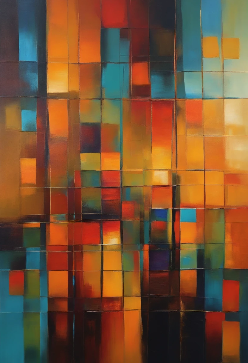 A colorful abstract painting, Descriptive Keywords: Vibrant, Contemporary, Geometric, Acrylic, Large, Camera Type: DSLR, Camera Lens Type: Wide-angle, Time of Day: Golden hour, Style of Photograph: Minimalist, Type of Film: None