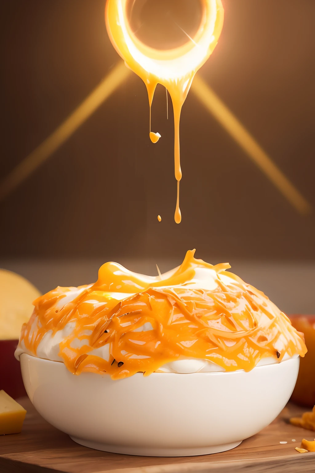 Product Photography of Cheese and Melted Cheese in a Food Dipping Bowl, intrincado, epopeya, Altamente detallado, vibrante, food photography, Epic render, octano, Luces de acento, (retroiluminado:1.3), (Kinematic:1.3), Detalles intrincados, (Artstation:1.3)