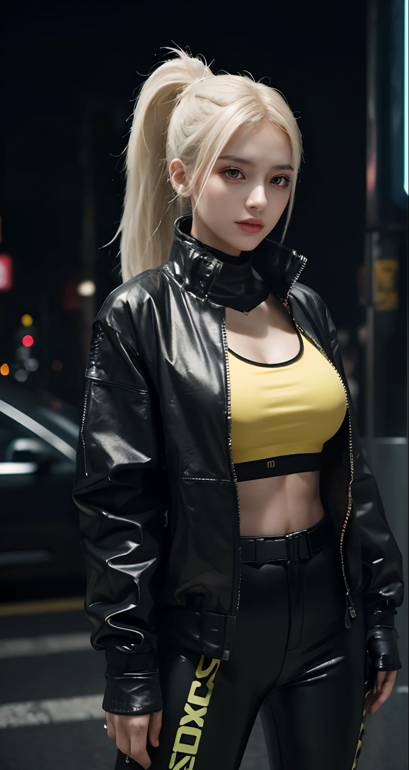 8K, RAW photos, Best quality, Masterpiece: 1.2),(best qualtiy,8K, Yes,32K,masterpiece,hyper HD:1.2) , 20 years old, woman in a yellow jacket and black pants, future techwear, techwear look and clothes, futuristic techwear, techwear, wearing techwear and armor, techwear fashion, cyberpunk techwear, wearing space techwear, cyberpunk streetwear, cyberpunk outfit, techwear clothes, cyberpunk style outfit, wearing cyberpunk streetwear, 170 cm height, big cleveage breast , perfect boobs, white hair color, long straight hair, ponytail, yellow techwear,