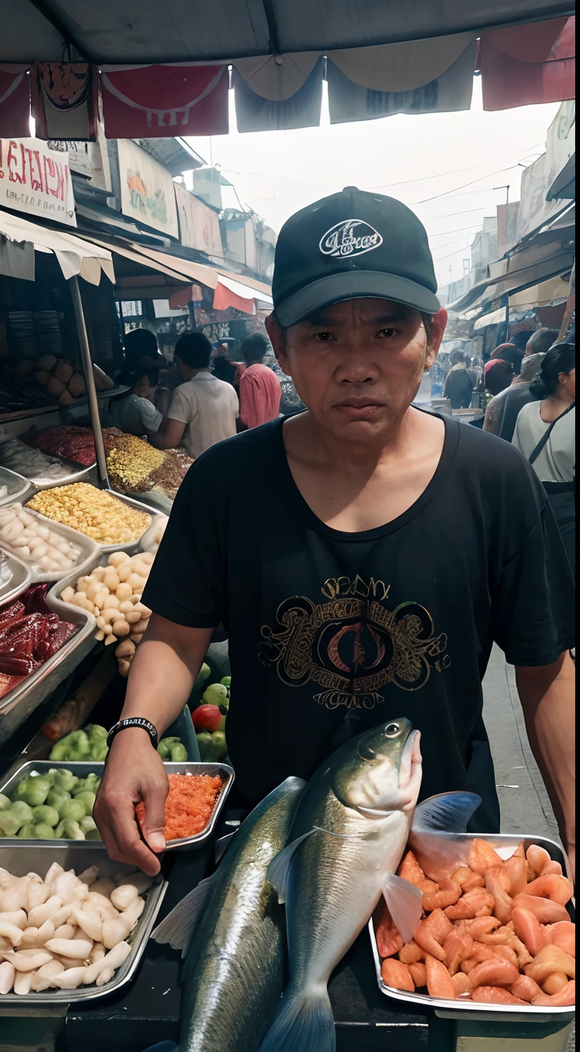 a guy selling fish, sitting in a chair, wearing a sando, angry expression. Divisoria market in the background. The guy has rough, calloused hands from the long hours of work. He is surrounded by an assortment of fresh fish, neatly displayed on ice. Behind him, there are colorful stalls and a bustling crowd of shoppers. The market is filled with the aroma of seafood and the noise of haggling and bargaining. The guy's sando is stained with fish scales, a testament to his hard work and dedication. His angry expression reflects the challenges he faces as a small-scale fish vendor, constantly competing for customers and negotiating prices. The market is dimly lit, with rays of sunlight piercing through the makeshift roof, casting shadows on the crowded stalls. The atmosphere is vibrant and chaotic, with vendors shouting their prices and customers bustling around, searching for the best catch. Despite the chaos, the guy remains focused on his task, ensuring the freshness of his products and attending to the needs of his customers. It is a snapshot of everyday life in Divisoria market, capturing the resilience and determination of the hardworking vendor. [best quality, realistic, vivid colors]
