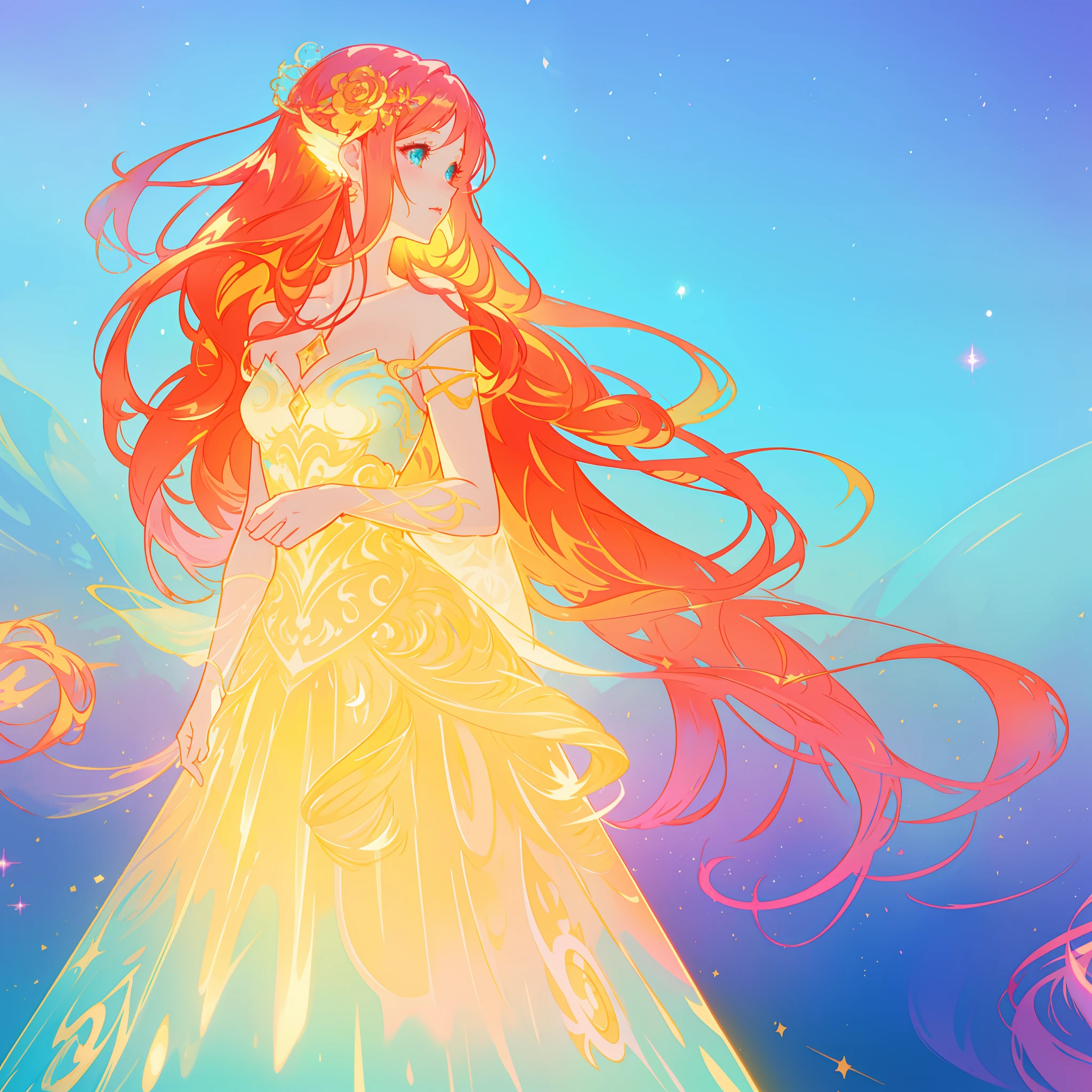 beautiful girl, puffy tiered ballgown, vibrant pastel colors, (colorful), glowing golden long hair, magical lights, sparkling magical liquid, inspired by Glen Keane, inspired by Lois van Baarle, disney art style, by Lois van Baarle, glowing aura around her, by Glen Keane, jen bartel, glowing lights! digital painting, flowing glowing hair, glowing flowing hair, beautiful digital illustration, fantasia background, whimsical, magical, fantasy, ((beautiful face)), ((masterpiece, best quality)), intricate details, highly detailed, sharp focus, 8k resolution, sparkling detailed eyes, liquid watercolor