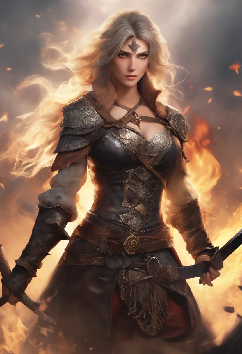 (silverash:1.1,arknight:1.1),detailed eyes and face,sharp focus,realistic pose,ultra-detailed armor,vivid colors,bokeh,studio lighting,medium:portraits,photorealistic,physically-based rendering,metallic textures,best quality,ultra-fine painting,sword,strict expression,heroic stance,dynamic action,towering presence,background:post-apocalyptic cityscape,smoke and fire effects,masterpiece:1.2