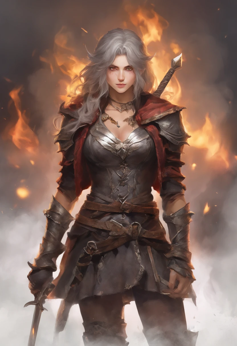 (silverash:1.1,arknight:1.1),detailed eyes and face,sharp focus,realistic pose,ultra-detailed armor,vivid colors,bokeh,studio lighting,medium:portraits,photorealistic,physically-based rendering,metallic textures,best quality,ultra-fine painting,sword,strict expression,heroic stance,dynamic action,towering presence,background:post-apocalyptic cityscape,smoke and fire effects,masterpiece:1.2