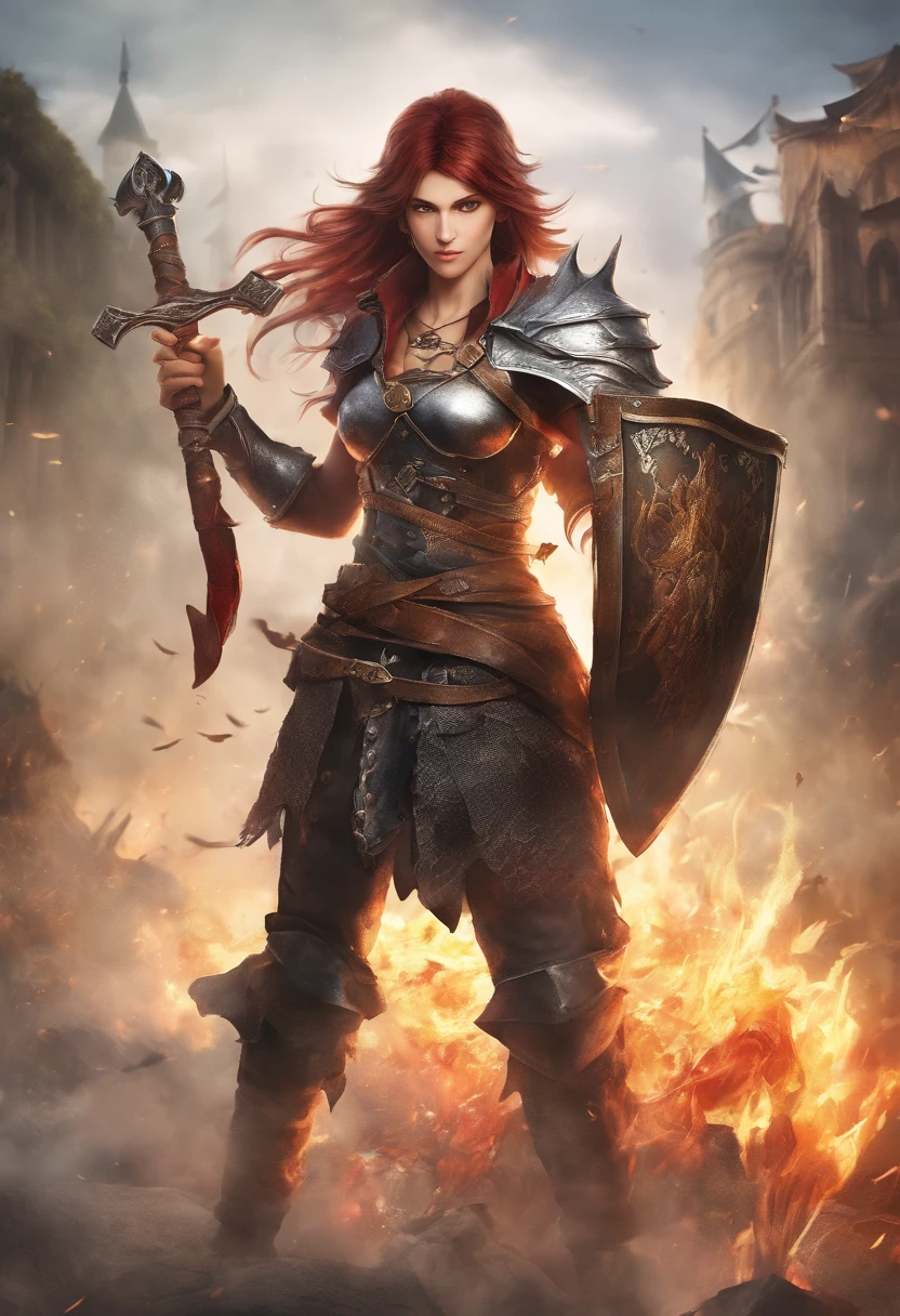 (silverash:1.1,arknight:1.1),detailed eyes and face,sharp focus,realistic pose,ultra-detailed armor,vivid colors,bokeh,studio lighting,medium:portraits,photorealistic,physically-based rendering,metallic textures,best quality,ultra-fine painting,sword,strict expression,heroic stance,dynamic action,towering presence,background:post-apocalyptic cityscape,smoke and fire effects,masterpiece:1.2