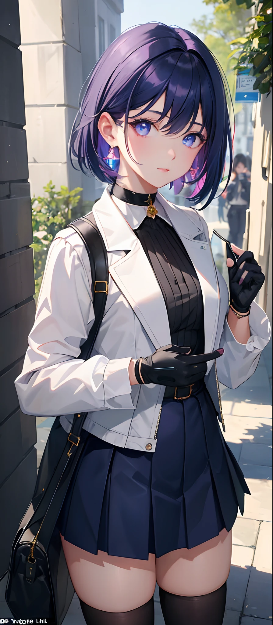 Marhd, Mards, 1girl, solo, skirt, gloves, earrings, jewelry, bangs, blue eyes, pink eyes, black gloves, long sleeves, blue skirt, choker, fingerless gloves, white shirt, hair between eyes, short hair, single glove, pleated skirt, partially fingerless gloves, purple eyes, jacket, multicolored eyes, (masterpiece: 1.6, best quality), (finely detailed beautiful eyes: 1.2), ultra-detailed, illustration, beautiful detailed eyes,