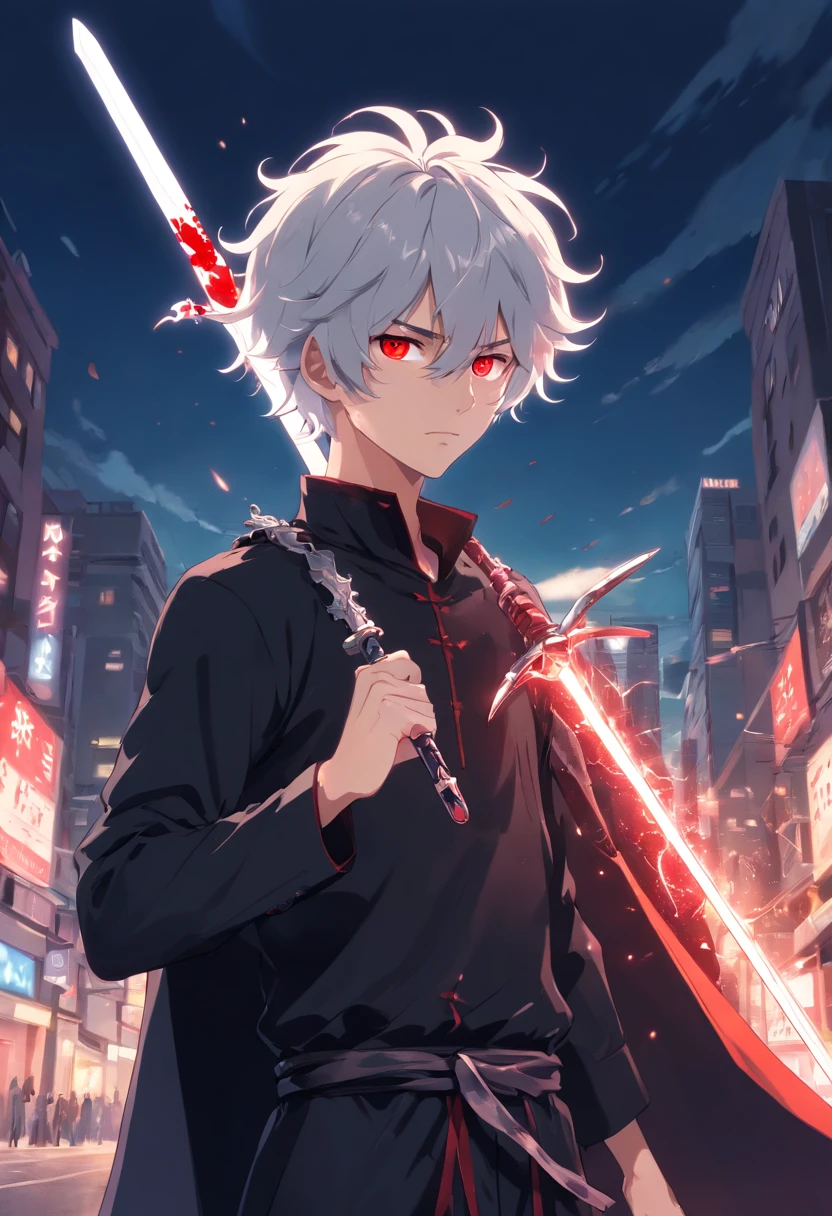 Young teenage man with white curly hair、It is blood-red eyes dressed in a black costume with silver accents holding a glass sword animesque,Sharp eyes