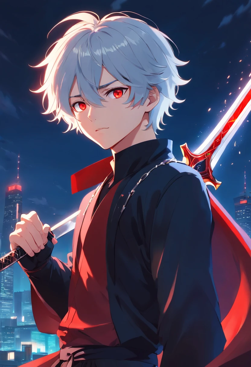 Young teenage man with white curly hair、It is blood-red eyes dressed in a black costume with silver accents holding a glass sword animesque,Sharp eyes