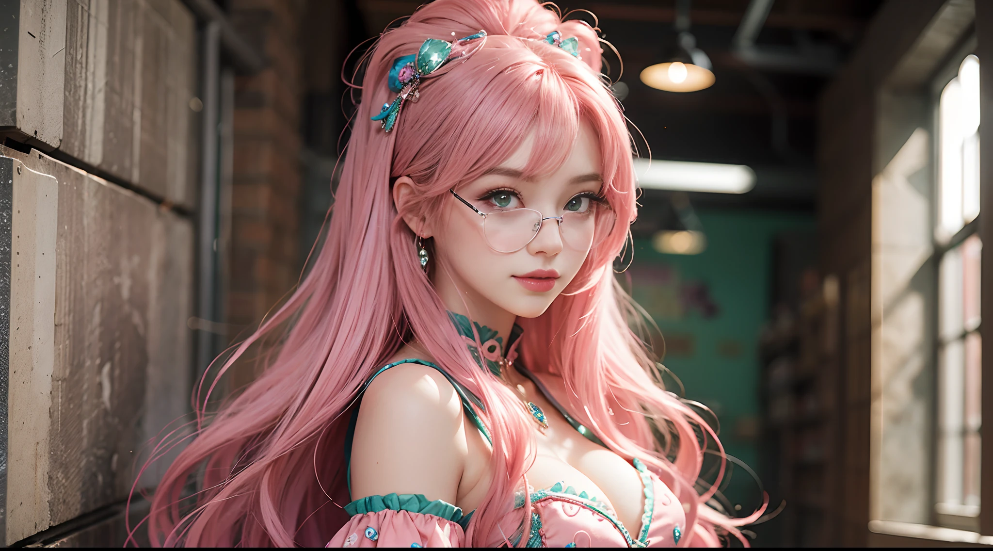 A beautiful woman,All over the body，Long pink hair, Green eyes, Pink glasses wearing a costume of Barbie surreal doll, 8K, Super detail，ssmile，Titillating