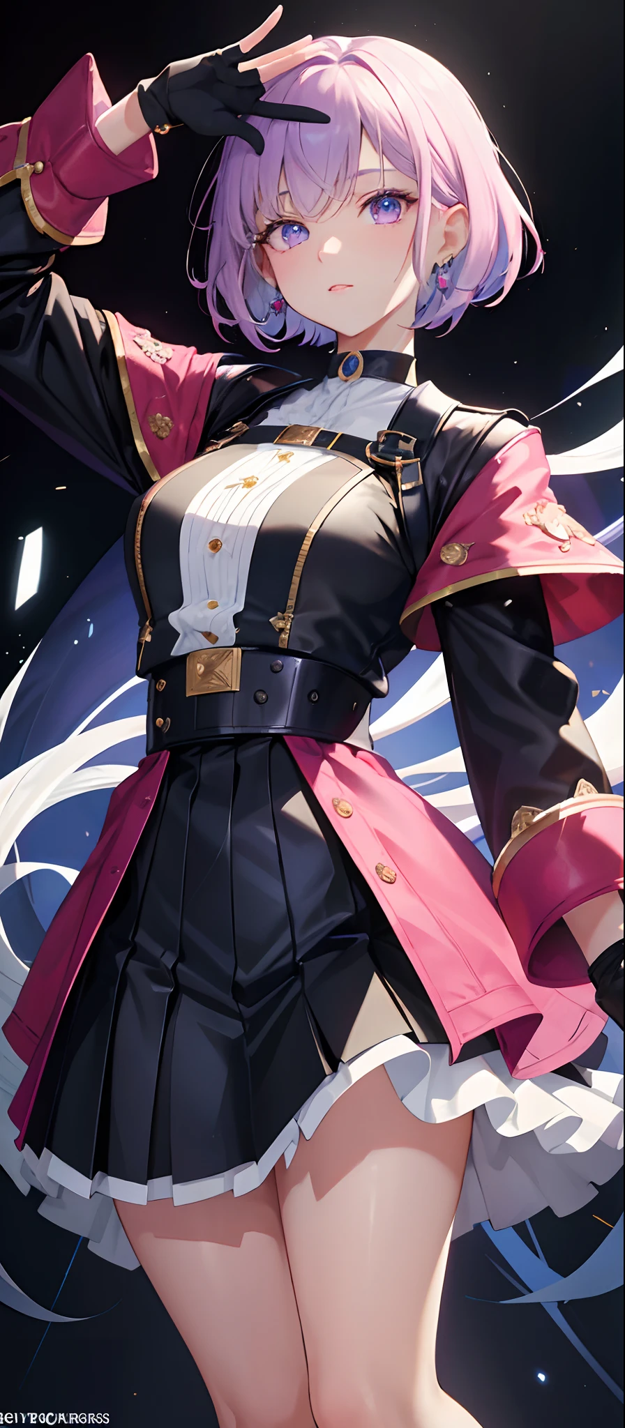 Marhd, Mards, 1girl, solo, skirt, gloves, earrings, jewelry, bangs, blue eyes, pink eyes, black gloves, long sleeves, blue skirt, choker, fingerless gloves, white shirt, hair between eyes, short hair, single glove, pleated skirt, partially fingerless gloves, purple eyes, jacket, multicolored eyes, (masterpiece: 1.6, best quality), (finely detailed beautiful eyes: 1.2), ultra-detailed, illustration, beautiful detailed eyes,