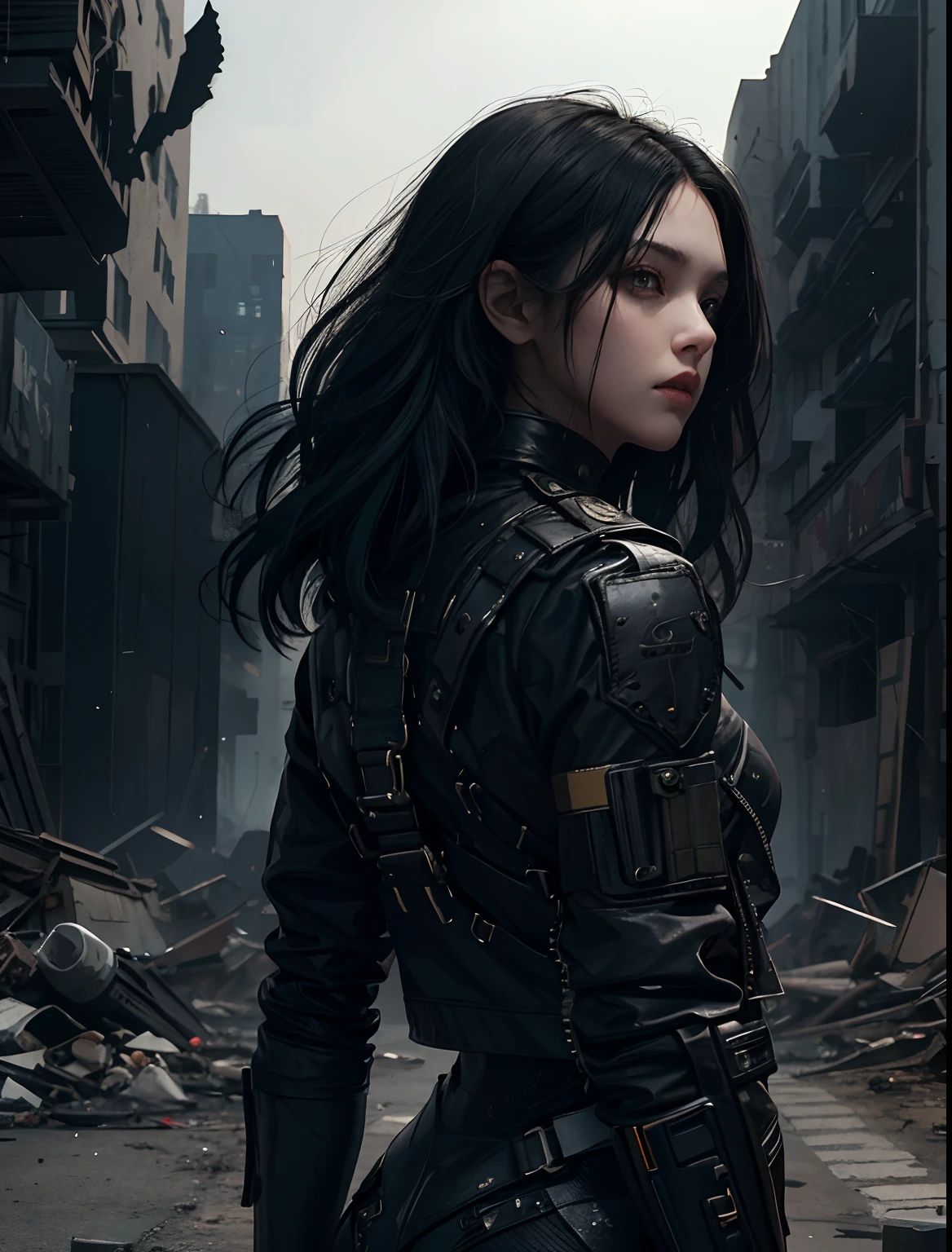 A beautiful woman. Seventeen. Her black hair grows down to her back. She stands in a ruined city with her arms folded, dressed in a black, metallic combat uniform. He has a challenging look on his face. 8K image quality. Cyberpunk style.