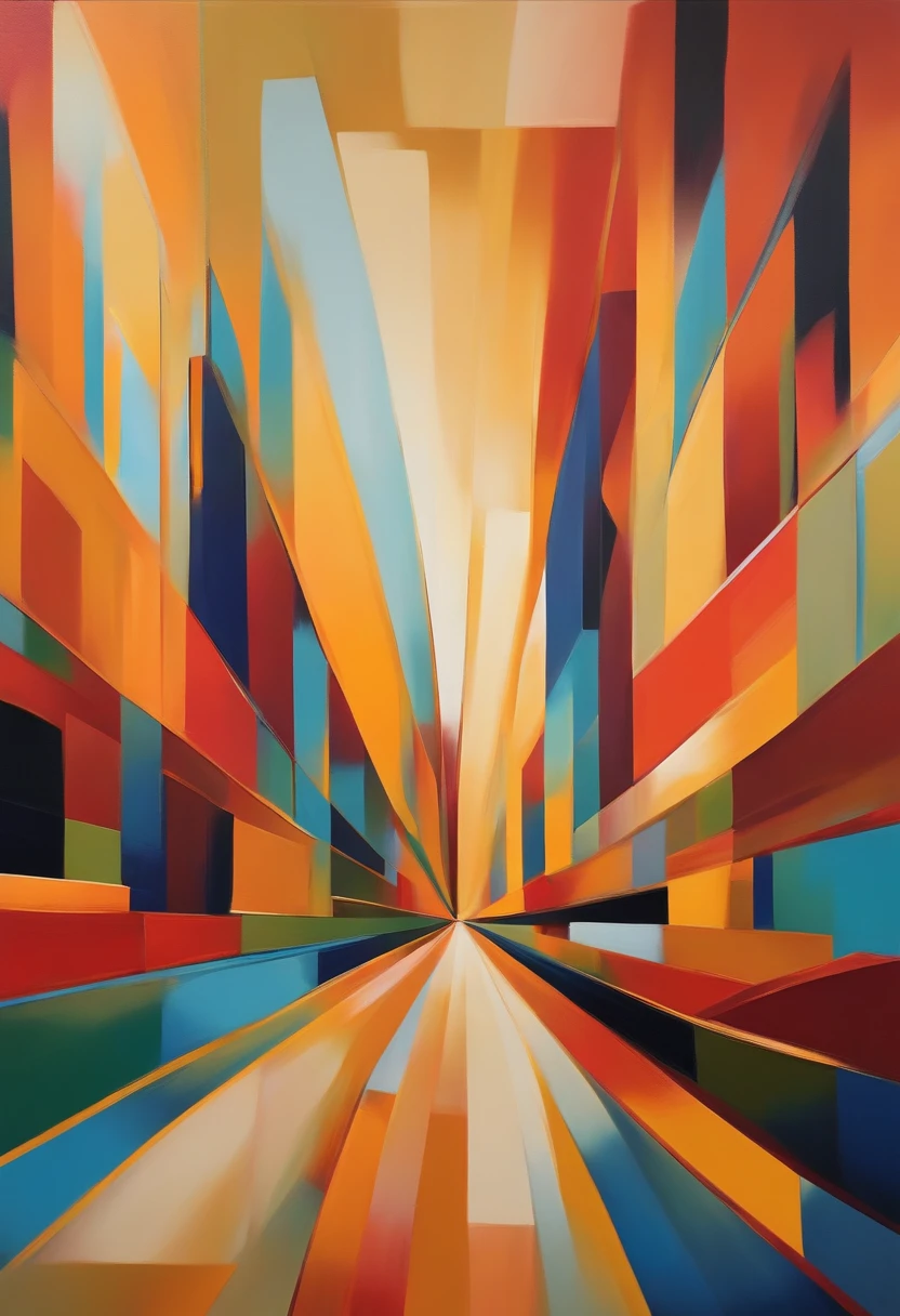 A colorful abstract painting,  Vibrant, Contemporary, Geometric, Acrylic, Large, DSLR, Wide-angle,  Golden hour,  Minimalist,