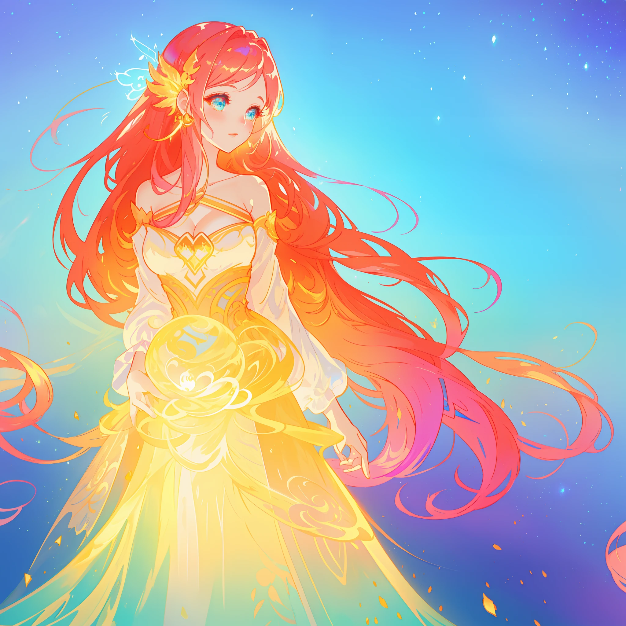 beautiful girl, puffy tiered ballgown, vibrant pastel colors, (colorful), glowing golden long hair, magical lights, sparkling magical liquid, inspired by Glen Keane, inspired by Lois van Baarle, disney art style, by Lois van Baarle, glowing aura around her, by Glen Keane, jen bartel, glowing lights! digital painting, flowing glowing hair, glowing flowing hair, beautiful digital illustration, fantasia background, whimsical, magical, fantasy, ((beautiful face)), ((masterpiece, best quality)), intricate details, highly detailed, sharp focus, 8k resolution, sparkling detailed eyes, liquid watercolor