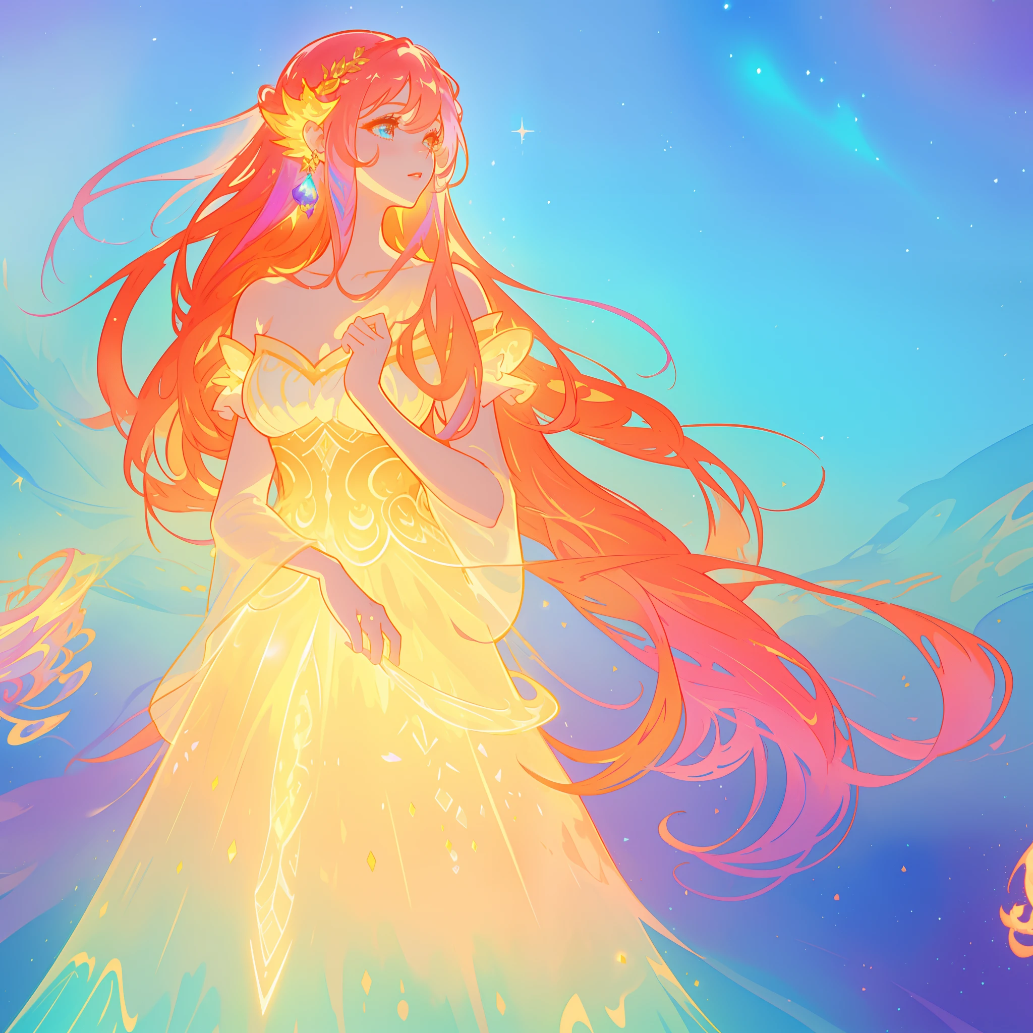 beautiful girl, puffy tiered ballgown, vibrant pastel colors, (colorful), glowing golden long hair, magical lights, sparkling magical liquid, inspired by Glen Keane, inspired by Lois van Baarle, disney art style, by Lois van Baarle, glowing aura around her, by Glen Keane, jen bartel, glowing lights! digital painting, flowing glowing hair, glowing flowing hair, beautiful digital illustration, fantasia background, whimsical, magical, fantasy, ((beautiful face)), ((masterpiece, best quality)), intricate details, highly detailed, sharp focus, 8k resolution, sparkling detailed eyes, liquid watercolor