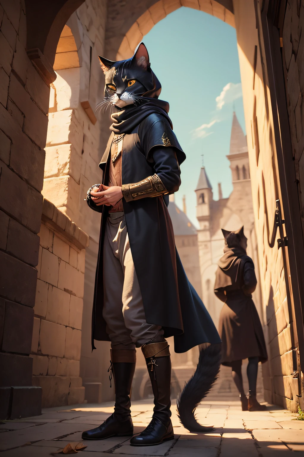 cat, standing on two legs, wearing thief cloths, medieval