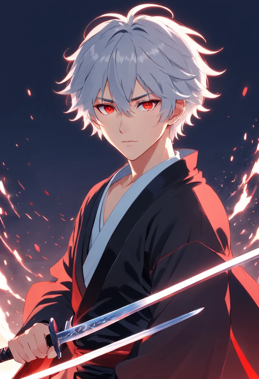 Young teenage man with white curly hair、It is blood-red eyes dressed in a black costume with silver accents holding a glass sword　animesque，Sharp eyes，Black Hakama
