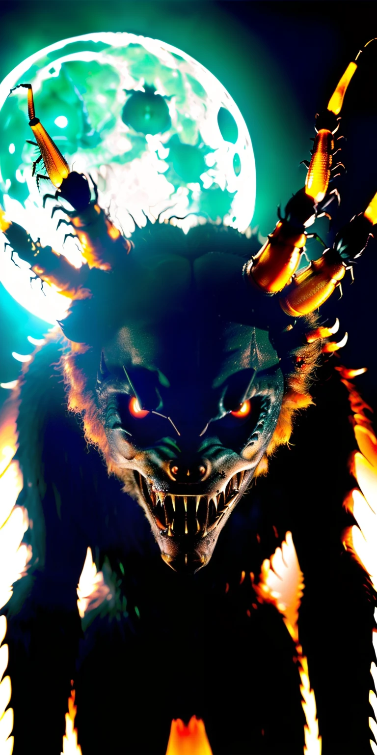 Creature in the mist, werewolf body, insect face and claws, ant mandibles, full moon, realistic, drooling, terror, (human monster:1.6), masterpiece, 8k photography, perfect lighting, animal and insect, glowing eyes, horror scene, district 9 movie scene, most detailed, humanoid, insect mouth, claws, attack!!