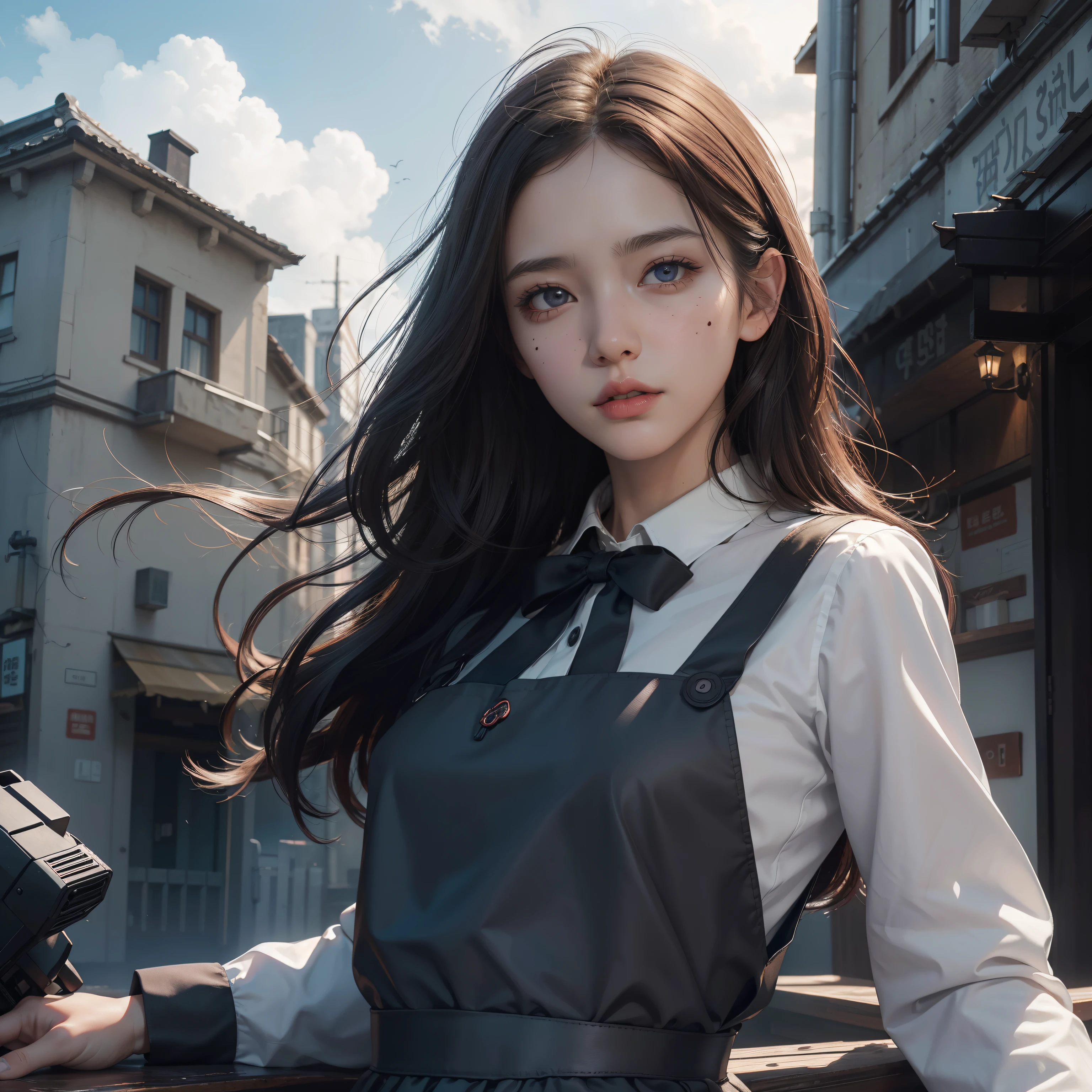 (Hyper-realistic), (Illustration), (High resolution), (8K), (Extremely detailed), (Best Illustration), Yol ( chain saw man ), (Beautiful detailed eyes), (Best Quality), (Ultra-detailed), (masutepiece), (Wallpaper), (Detailed face), Solo, Upper body, Focus on Face, 1 girl, Long Black Hair, Korean, Thin eyeshadow, A detailed eye, Brown eyes, Small moles under the eyes, Long sleeve shirt, Neckbow, Small breasts, pinafore dress, Dynamic Pose, low illuminance, Night, Dark, Clouds, a dark night