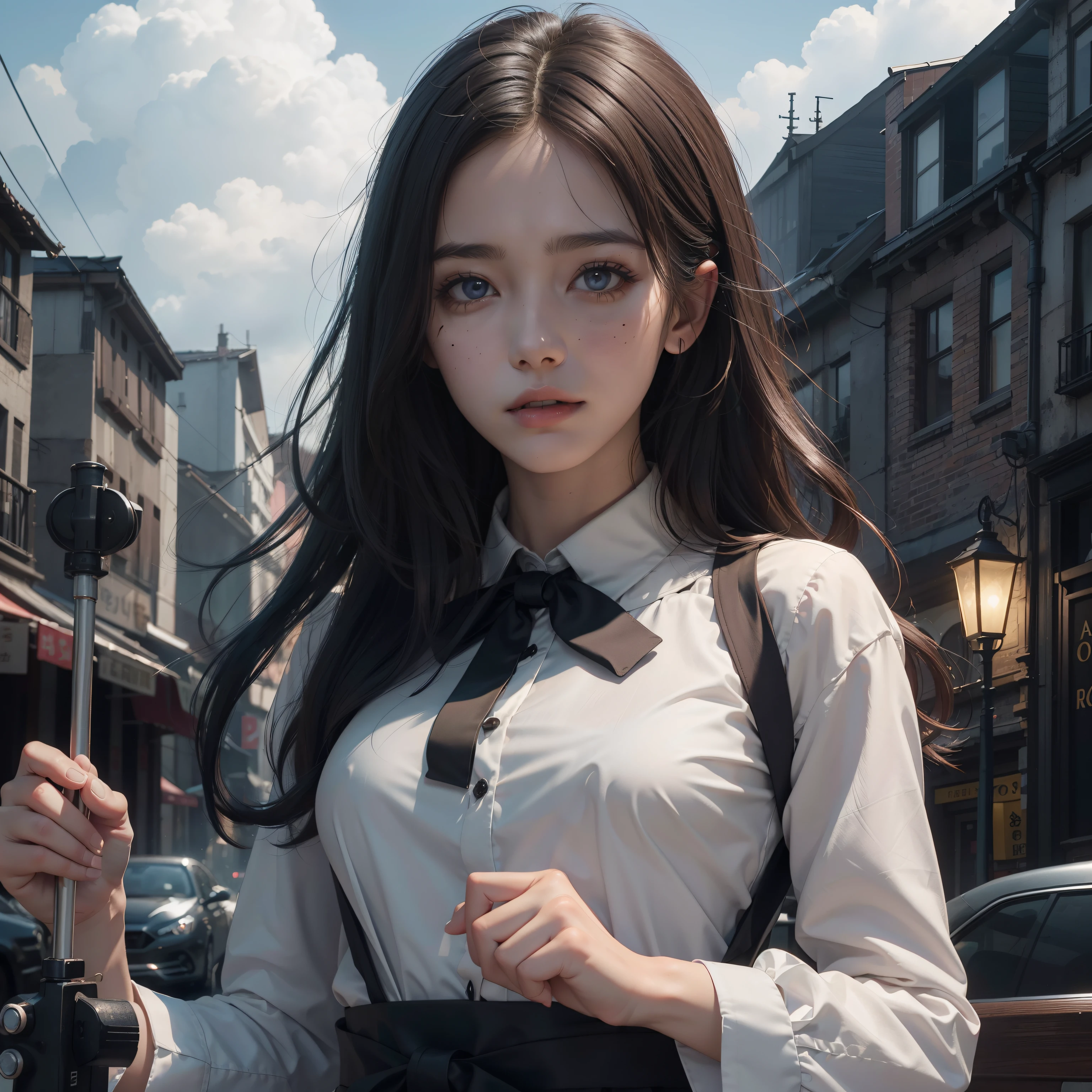(Hyper-realistic), (Illustration), (High resolution), (8K), (Extremely detailed), (Best Illustration), Yol ( chain saw man ), (Beautiful detailed eyes), (Best Quality), (Ultra-detailed), (masutepiece), (Wallpaper), (Detailed face), Solo, Upper body, Focus on Face, 1 girl, Long Black Hair, Korean, Thin eyeshadow, A detailed eye, Brown eyes, Small moles under the eyes, Long sleeve shirt, Neckbow,  Small breasts, pinafore dress, Dynamic Pose, low illuminance, Night, Dark, Clouds, a dark night