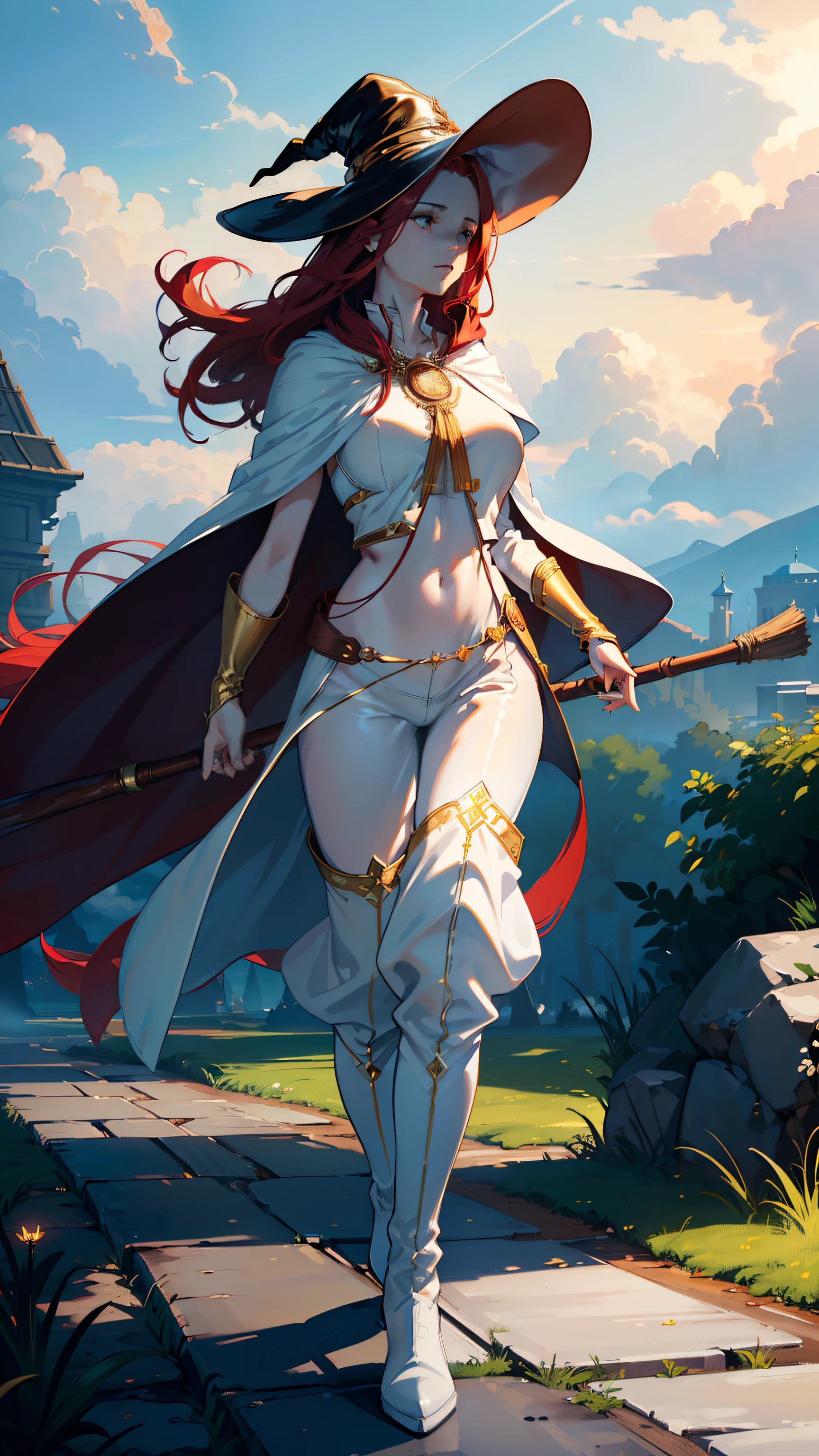 masterpiece, ultra detailed, 8k portrait, RAW photo, portrait photography, highly detailed face, beautiful and meticulous eyes, ((Fantasy)), Young beautiful, dynamic pose, (((Long Straight red hair))), ((witch)), White skin color, Luxury, Crystal necklace, (((cloudy white silk long cloak))) fluttering in the wind, (((tunic with goldline))), (((cropped pants)), (((leather boots))), ((Flying on a magic broom)), Midday Sun, hyper realistic, Body model, Big breasts, Beautiful breasts, Long legs, in the sky, Ambient lighting, Shadow details , Camera focus on thigh, strong breeze, Light fog