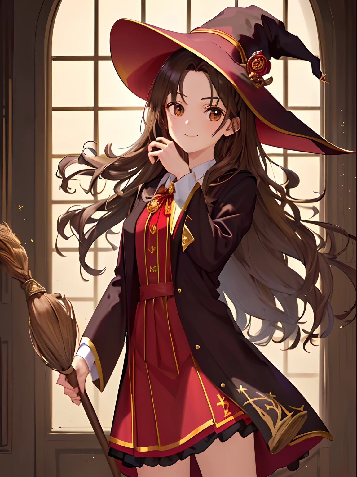 ((masterpiece:1.2), (best quality:1.2), looking at viewer, bare and fair skin, masterpiece, 2d, Wizarding world, shimmer reflected on hair, long hair fluttering in the wind, (wavy long hair), hair middle part, energetic , smily, happy , eauropean girl, dark brunette hair, Brown eyes, victorian simple dress, gryffindor, red color, active young girl carry a broom, medium B cup breast, charming young lady, Gryffindor robe, harry potter style. Wear witch hat