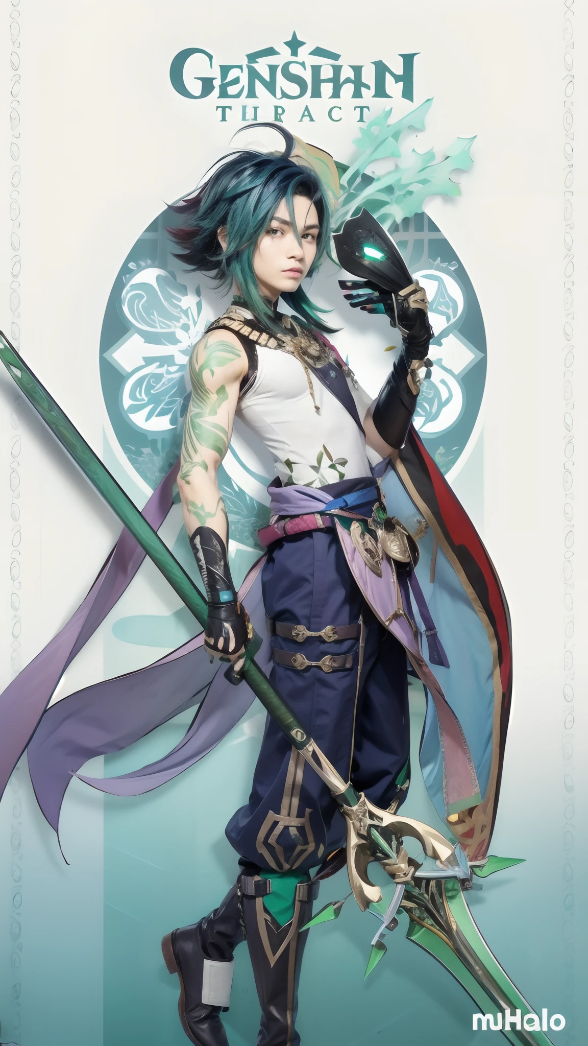 Boy with green hair holding a weapon