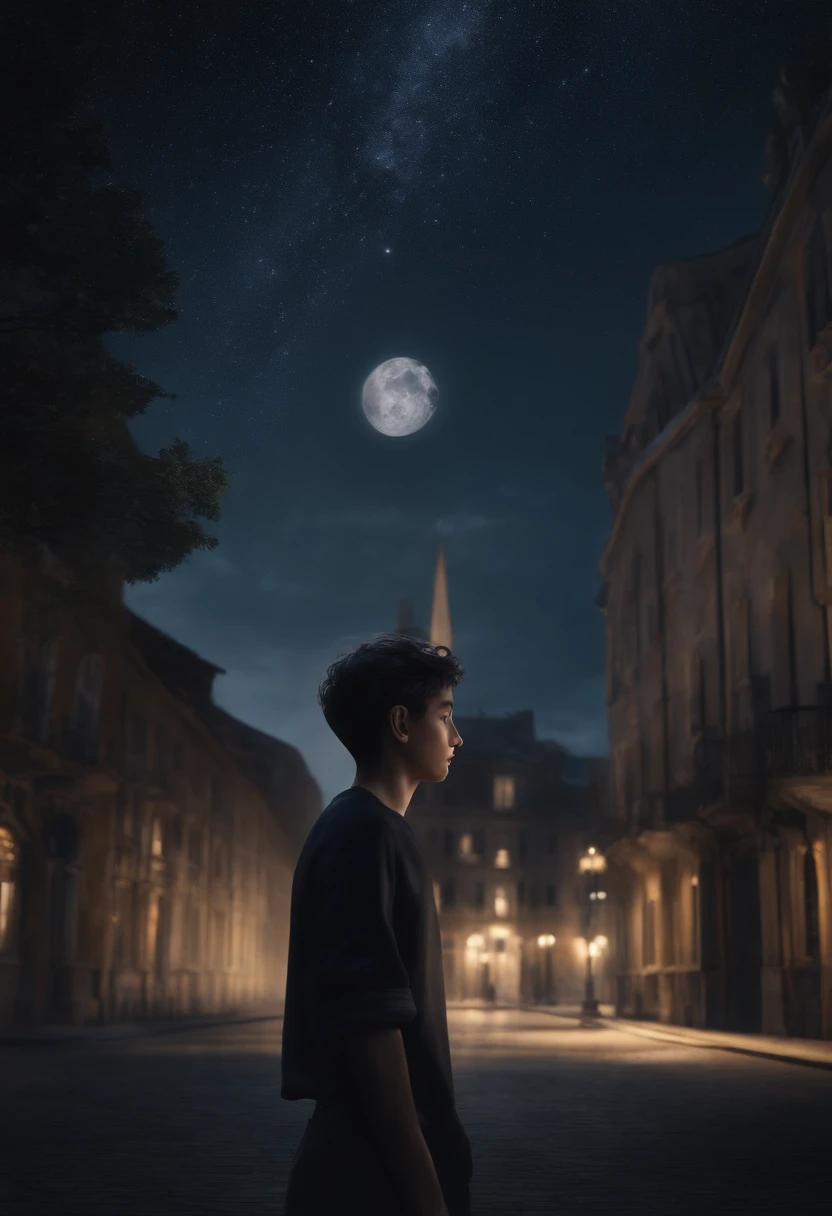 (masterpiece:1.5), (ultra-detailed), (extremely detailed CG, ultra-detailed, best shadow:1.1), 1boy, solo, night sky, outdoors, moon, stars, short hair, (navy hair), (black dress shirt), extremely detailed eyes, looking at viewer, shadow on face, mysterious, hyper detailed, texture, detail, realism, depth, perspective, special effects, composition, scale, foreground, middle ground, background, perspective, light, color, texture, detail, beauty, wonder, mature young man, city