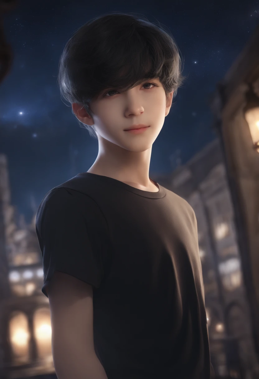 (masterpiece:1.5), (ultra-detailed), (extremely detailed CG, ultra-detailed, best shadow:1.1), 1boy, solo, night sky, outdoors, moon, stars, short hair, (navy hair), (black dress shirt), extremely detailed eyes, looking at viewer, shadow on face, mysterious, hyper detailed, texture, detail, realism, depth, perspective, special effects, composition, scale, foreground, middle ground, background, perspective, light, color, texture, detail, beauty, wonder, mature young man, city