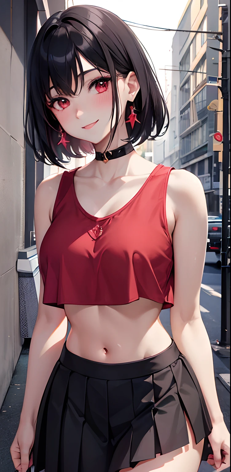 1 girl, split lips, blush, makeup, clear smile, black hair, red eyes, crop top, skirt, rays of light, shine, thighs, collarbone, narrow waist, (masterpiece), wallpaper,