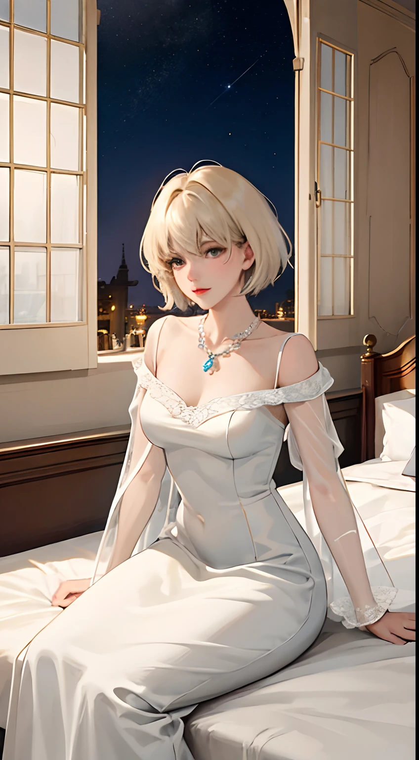 ((top-quality, masterpiece, hight resolution)), ((Realisticity)),ciinematic light、softlight、Dynamic Pose,
Medieval, Gorgeous bedroom, Canopy bed, krystal, Silk, Lace, Wind, Night, Moonlight, Lighted candles,
1girl in, beautiful detailed eyes and face, sitting on a bed, Arm support, black ornate dress, translucent dress, Short hair, hair messy, Crystal Ornament, crystal necklace,