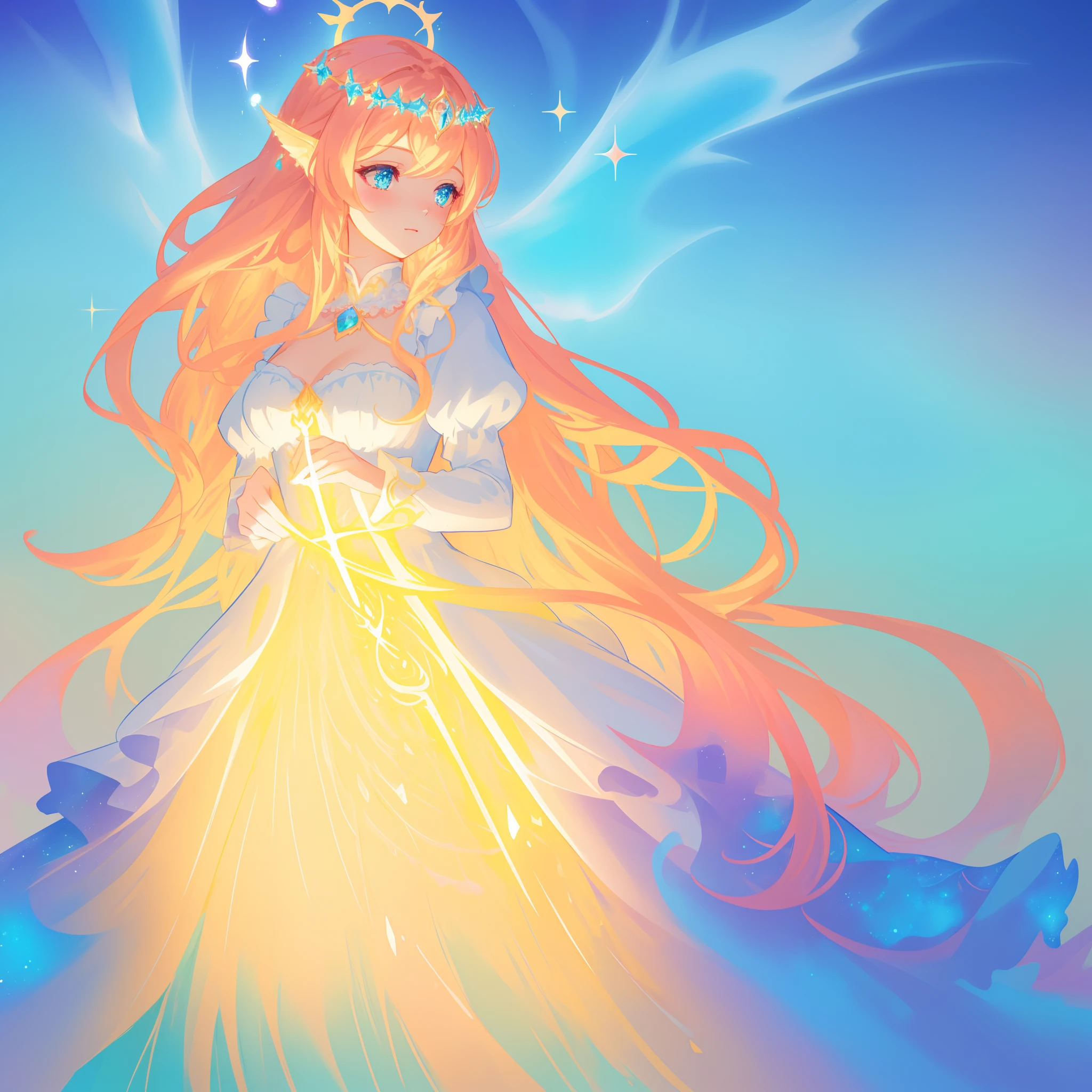 beautiful girl, puffy tiered ballgown with puffy long sleeves, vibrant pastel colors, (colorful), glowing golden long hair, magical lights, sparkling magical liquid, inspired by Glen Keane, inspired by Lois van Baarle, disney art style, by Lois van Baarle, glowing aura around her, by Glen Keane, jen bartel, glowing lights! digital painting, flowing glowing hair, glowing flowing hair, beautiful digital illustration, fantasia background, whimsical, magical, fantasy, ((beautiful face)), ((masterpiece, best quality)), intricate details, highly detailed, sharp focus, 8k resolution, sparkling detailed eyes, liquid watercolor