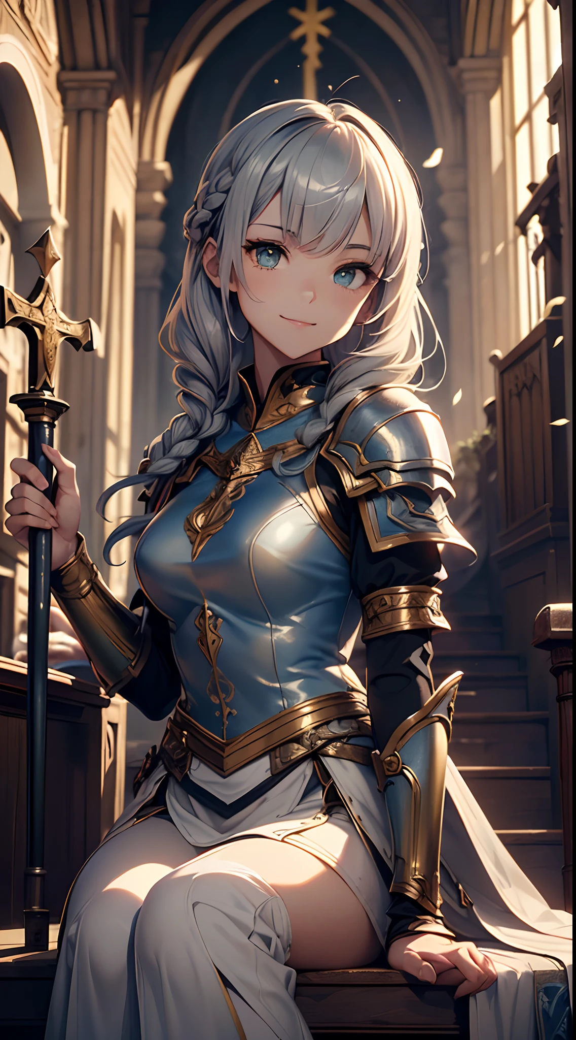 (Official art、Best Quality、Unity 8k Wallpapers、32K、masterpiece、ultra-detailliert、超A high resolution、realisitic、Photorealsitic、Very ridiculous:1.2)、(Cinematic lighting:1.2)、Fireglow effect、film grains、Best Shadows、sideshot、sideways Facing、Rim lighting、side lights、(Ultra-detailed and complex 3D rendering)、Detailed beautiful face and eyes、Sharp pupils、Realistic pupils、A slender、1Man Woman、Medium bust、(cowboy shot:1.2)、 beauitful face、-yeld beiful girl、(super detailed skin、detailed skin textures:1.3)、(silver blond、Blue-silver hair:1.3)、Paladin、Longhaire、Blunt bangs、Green eyes、3 braids in 1 bunch、(Blue Armor、Blue Boots、Blue helmet、Jeweled、Gold embroidery)、A slender、Maxi skirt、(thighs thighs thighs thighs:0.8)、(chies、in a house、Artistic stained glass、Large pipe organ、crosses、Hello Point、Mystical、a lot of feathers float、angelicales、Particles of light、solemnity、Sunlight is、colourfull、Fantastical:1.2)、(Fantastical:1.3)、(sideways Facing、fit hands、Virgin sitting:1.4)、(Holding the Holy Sword:1.2)、Fantastical、Smiling smile