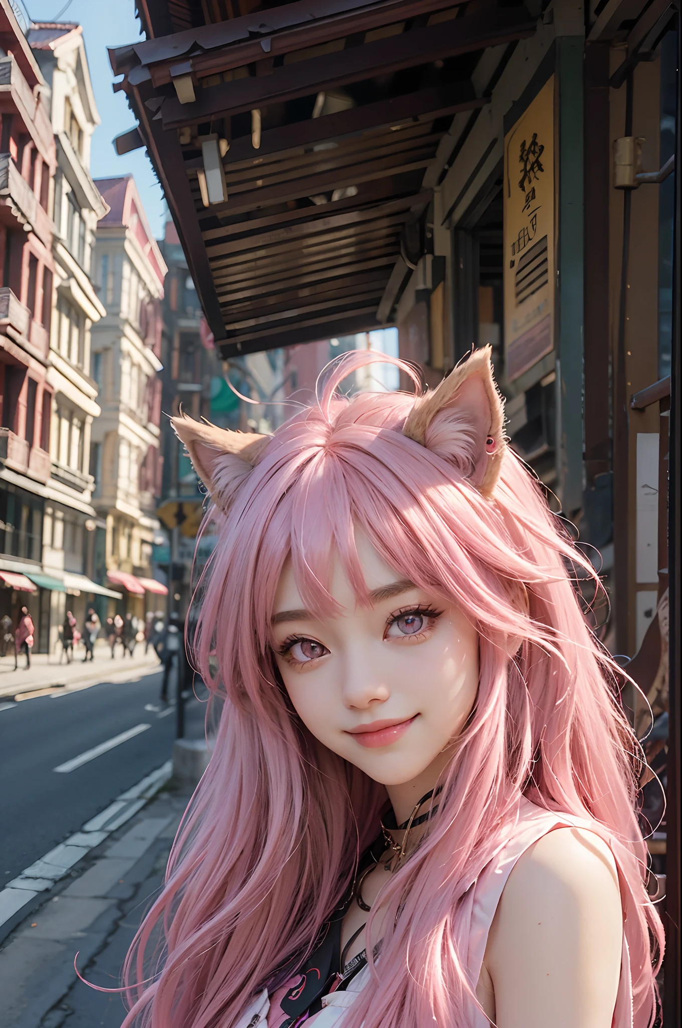 Highly detailed, High quality, Masterpiece, Beautiful, 1girll, Add disaster girl memes, Yae Miko, Pink eyes, Long hair, Pink hair, Animal ears, Fire, Smile, Outdoors