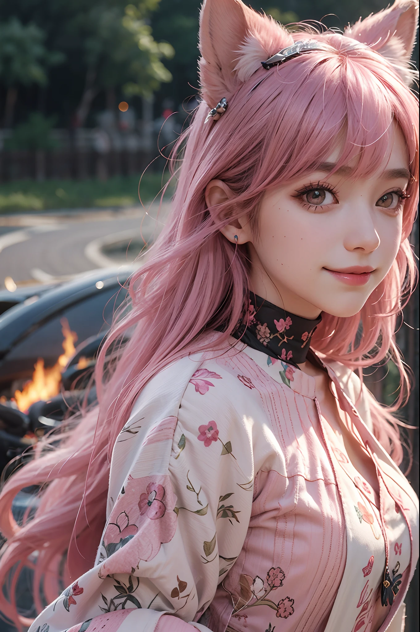 Highly detailed, High quality, Masterpiece, Beautiful, 1girll, Add disaster girl memes, Yae Miko, Pink eyes, Long hair, Pink hair, Animal ears, Fire, Smile, Outdoors