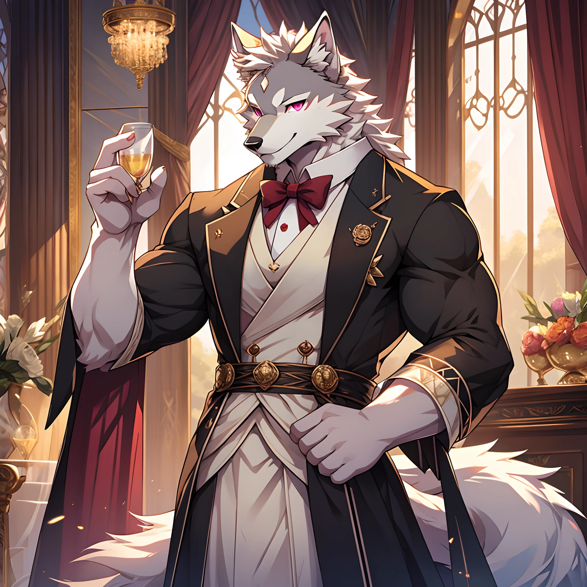Masterpiece, Highest quality, Exquisite details,Pure white wolf,Shiny pink eyes,Warwind Butler set,Confident eyes,tempting pose,ssmile,There are muscles but not much
