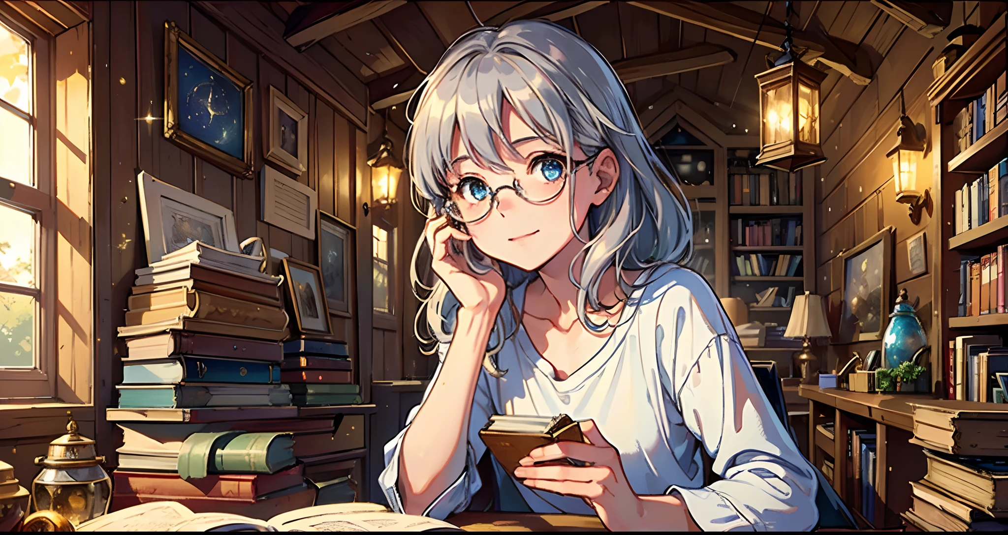 ((High quality, enchanting scene: 1.5)), CG, 8K, rich details, (warm and gentle lighting), (Leo: young boy, sparkling eyes, messy brown hair, simple t-shirt and shorts, expression of wonder and excitement, gently touching a shining star), (ancient star map: glowing gently, revealing a vibrant, animated path through a cartoonish, friendly cosmos), (attic: dimly lit, rays of sunlight peeking through old wooden planks, illuminating dancing dust particles), (grandmother: kind-looking, silver hair, spectacles, gentle and knowing smile, observing from the background), (surroundings: worn wooden table, old books, vintage astronomical equipment), (atmosphere: cozy, adventurous, magical), ((soft and mystical colors)), ((well-composed, heartwarming scene)) --auto --s2