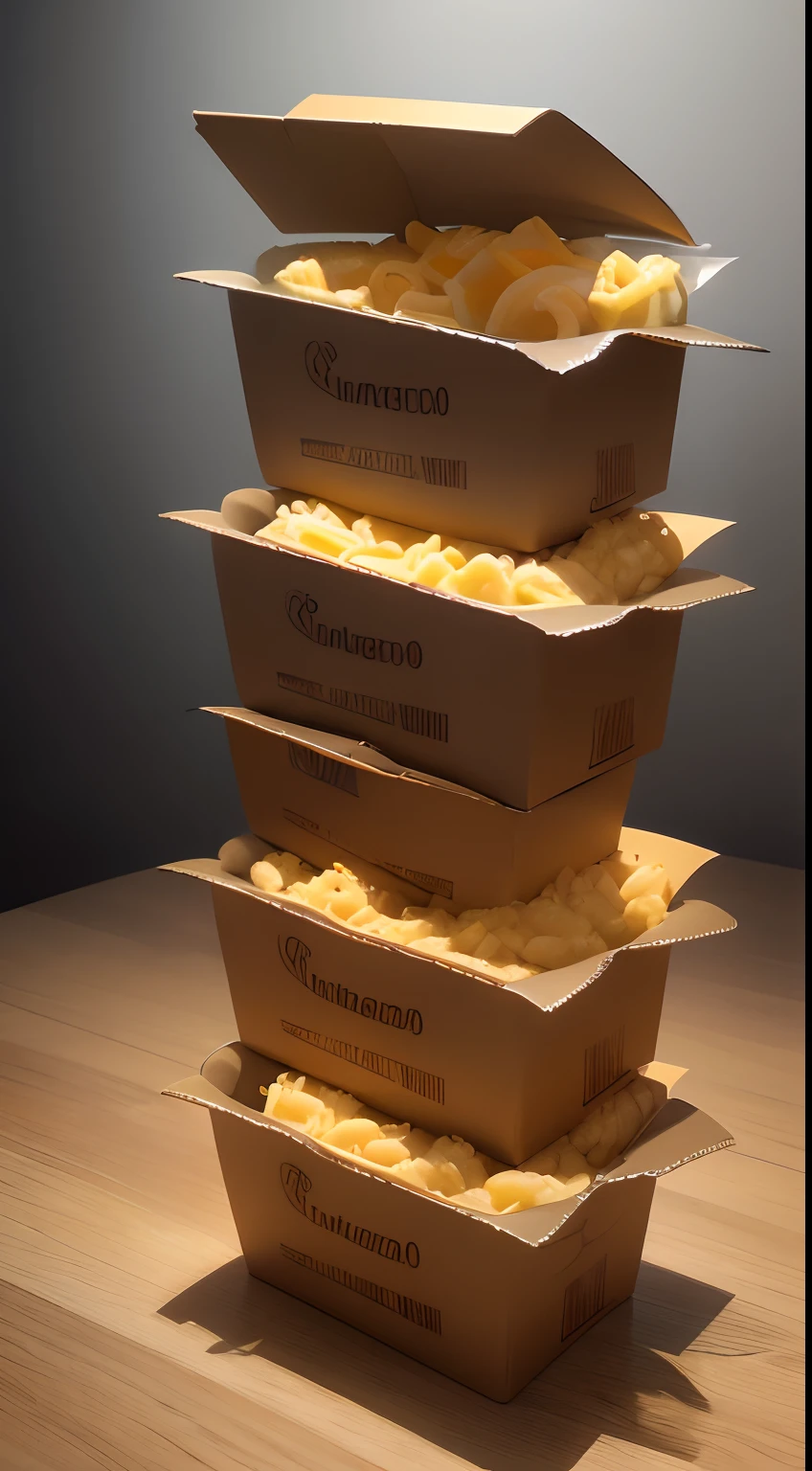 product photography: Melted macaroni and cheese in a modern fast-food-style cardboard box , intrincado, epopeya, Altamente detallado, vibrante, food photography, Epic render, octano, Luces de acento, (retroiluminado:1.3), (Kinematic:1.3), Detalles intrincados, (Artstation:1.3)