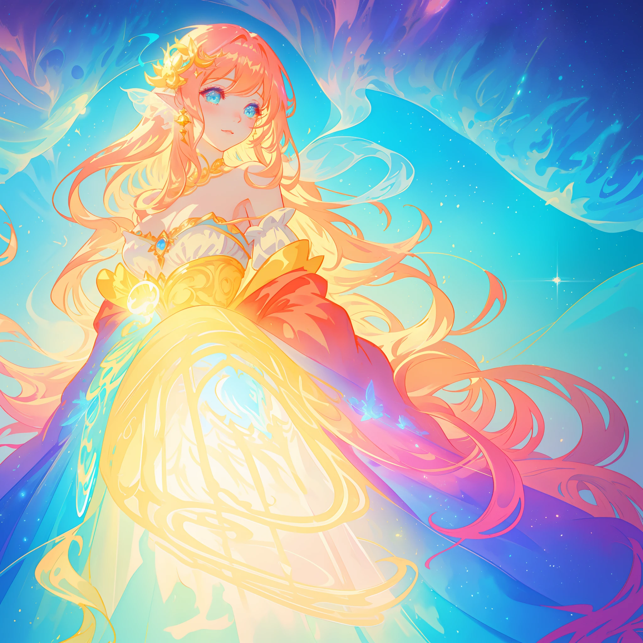 beautiful girl, puffy tiered ballgown with puffy long sleeves, vibrant pastel colors, (colorful), glowing golden long hair, magical lights, sparkling magical liquid, inspired by Glen Keane, inspired by Lois van Baarle, disney art style, by Lois van Baarle, glowing aura around her, by Glen Keane, jen bartel, glowing lights! digital painting, flowing glowing hair, glowing flowing hair, beautiful digital illustration, fantasia background, whimsical, magical, fantasy, ((beautiful face)), ((masterpiece, best quality)), intricate details, highly detailed, sharp focus, 8k resolution, sparkling detailed eyes, liquid watercolor