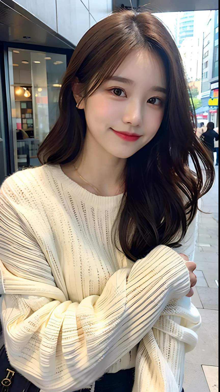 Top quality, one beautiful woman, white sweater, at city, Smirk