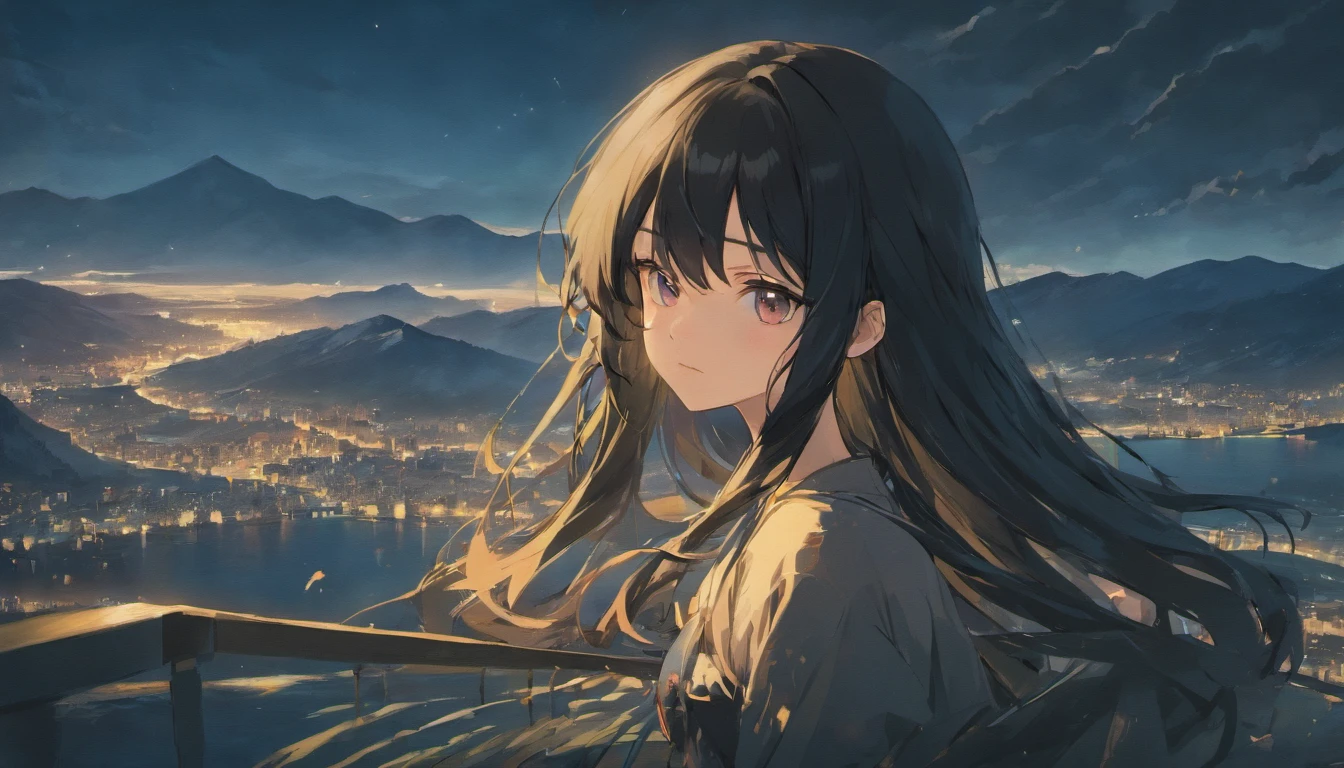 girl,Long black hair,eventide,mountain ranges,lake water,Back Shadow,sad