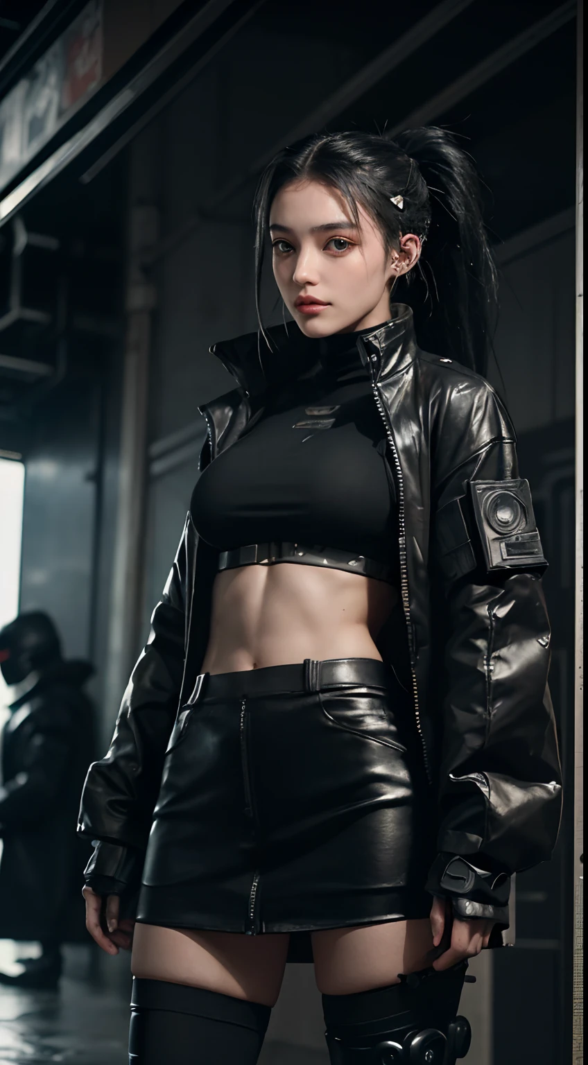 8K, RAW photos, Best quality, Masterpiece: 1.2),(best qualtiy,8K, Yes,32K,masterpiece,hyper HD:1.2) , 20 years old, arafed woman in a black outfit and a gas mask, all black cyberpunk clothes, cyberpunk outfit, cyberpunk fashion clothes, cyberpunk style outfit, wearing techwear and armor, cyberpunk outfits, cyberpunk fashion clothing, cyberpunk clothes, dystopian scifi outfit, photograph of a techwear woman, cyberpunk streetwear, wearing cyberpunk streetwear, cyberpunk fashion, cyberpunk high fashion, style of cyberpunk, perfect boobs, black hair color, abs, skinny body, 170 cm height, ponytail