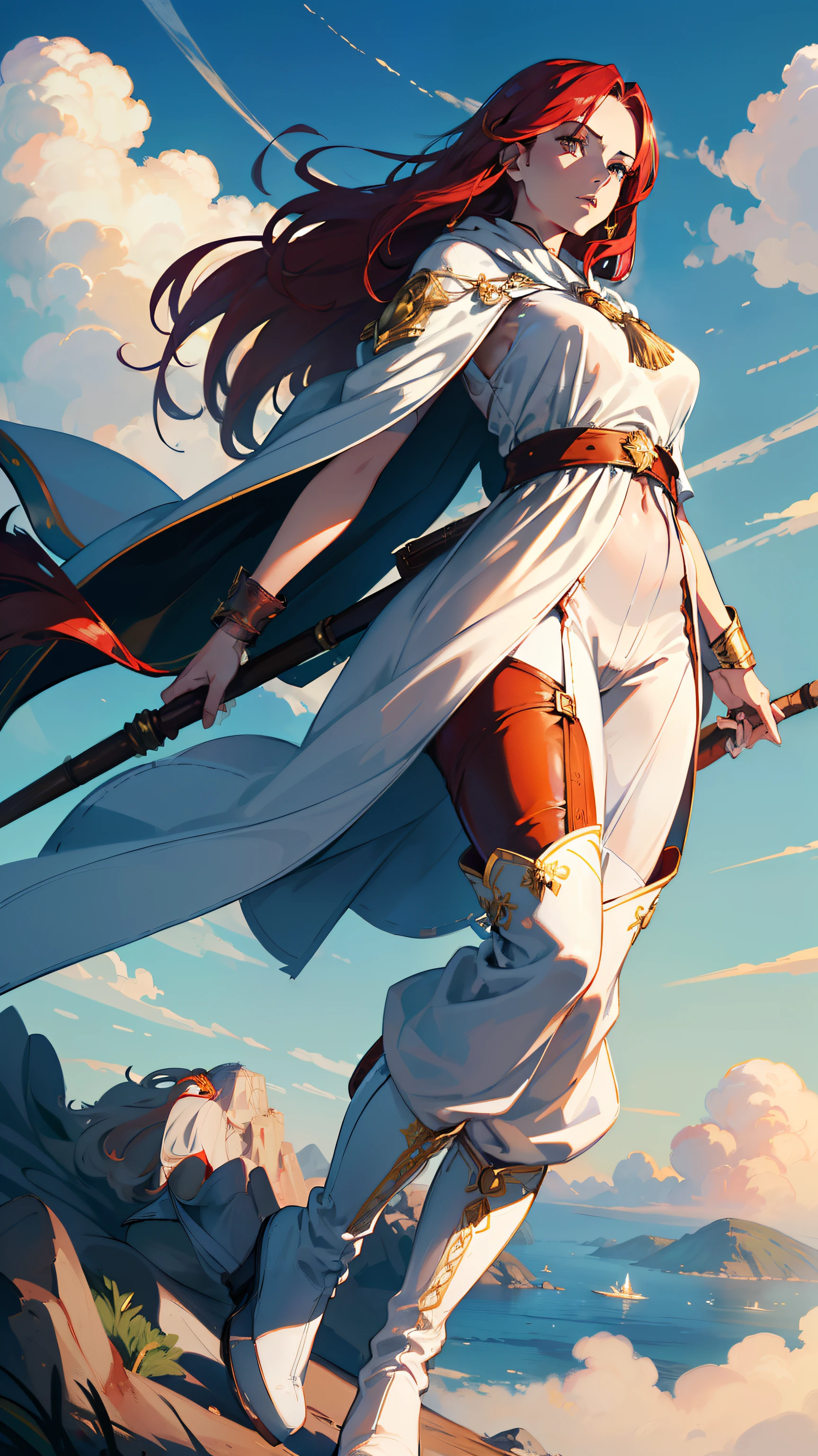 masterpiece, ultra detailed, 8k portrait, RAW photo, portrait photography, highly detailed face, beautiful and meticulous eyes, ((Fantasy)), Young beautiful, dynamic pose, (((Long Straight red hair))), ((witch)), White skin color, Luxury, Crystal necklace, (((cloudy white silk long cloak))) fluttering in the wind, (((tunic with goldline))), (((cropped pants)), (((leather boots))), ((Flying on a magic broom)), Midday Sun, hyper realistic, Body model, Big breasts, Beautiful breasts, Long legs, in the sky, Ambient lighting, Shadow details , Camera focus on thigh, strong breeze, Light fog