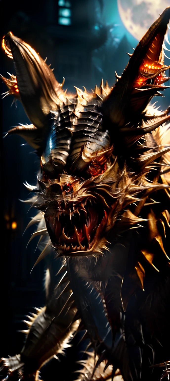 Gremlins movie, scary gremlin, portrait, Gremlins 2 movie, horror film, professional portrait, scary, perfect lighting, 8k photography, most detailed, most realistic, reflection, creature, scales, scary face, very realistic, monster character, (growling towards viewer:1.8), smokey scene, full moon