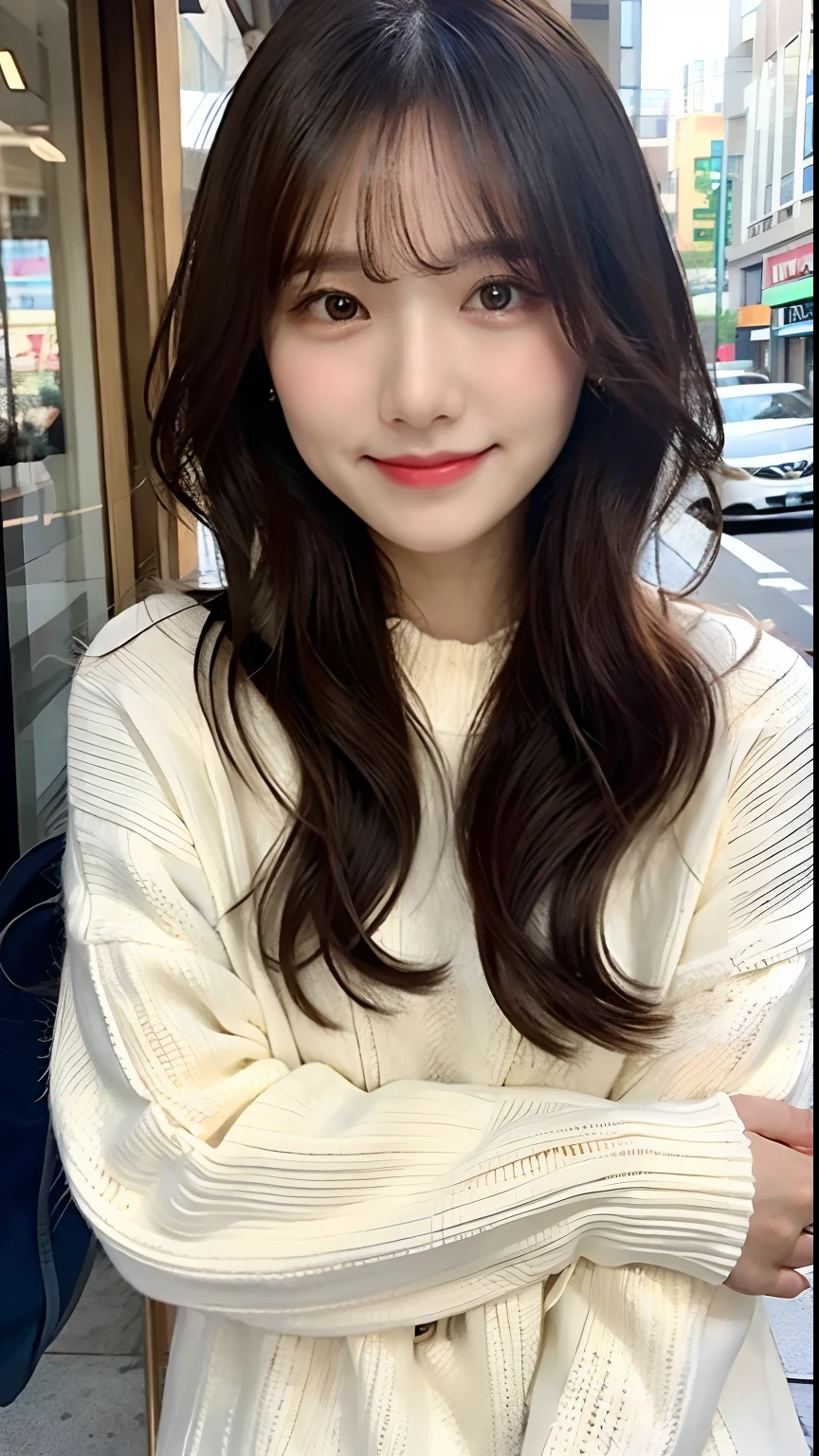 Top quality, one beautiful woman, white sweater, at city, Smirk