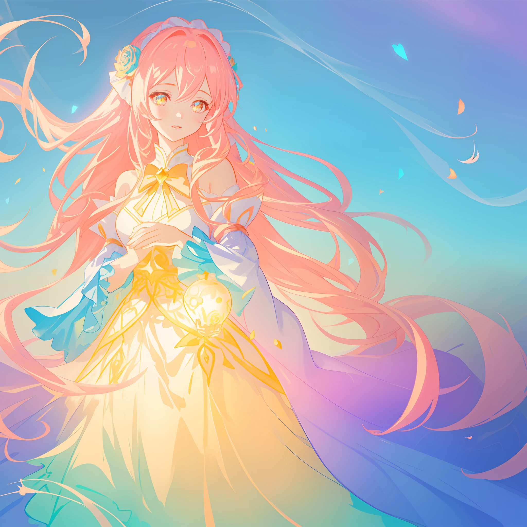 beautiful girl, puffy tiered ballgown with puffy long sleeves, vibrant pastel colors, (colorful), glowing golden long hair, magical lights, sparkling magical liquid, inspired by Glen Keane, inspired by Lois van Baarle, disney art style, by Lois van Baarle, glowing aura around her, by Glen Keane, jen bartel, glowing lights! digital painting, flowing glowing hair, glowing flowing hair, beautiful digital illustration, fantasia background, whimsical, magical, fantasy, ((beautiful face)), ((masterpiece, best quality)), intricate details, highly detailed, sharp focus, 8k resolution, sparkling detailed eyes, liquid watercolor