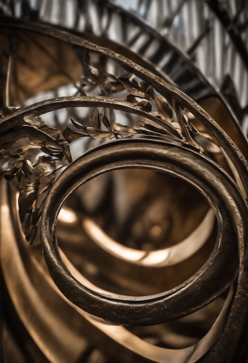 Image: A contemporary metal wall sculpture, Descriptive Keywords: Abstract, Metal, Modern, Sculpture, Industrial, Camera Type: Mirrorless, Camera Lens Type: Macro, Time of Day: Indoor lighting, Style of Photograph: Creative lighting, Type of Film: None
