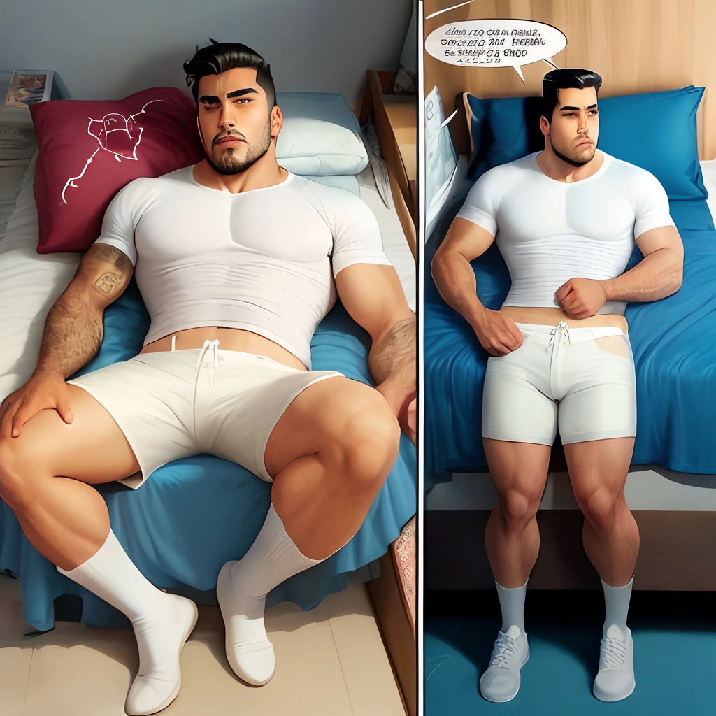 make me a latino man with a nice cut, sleeping in bed wearing white shorts in comic, marvel-style, full body comic panel