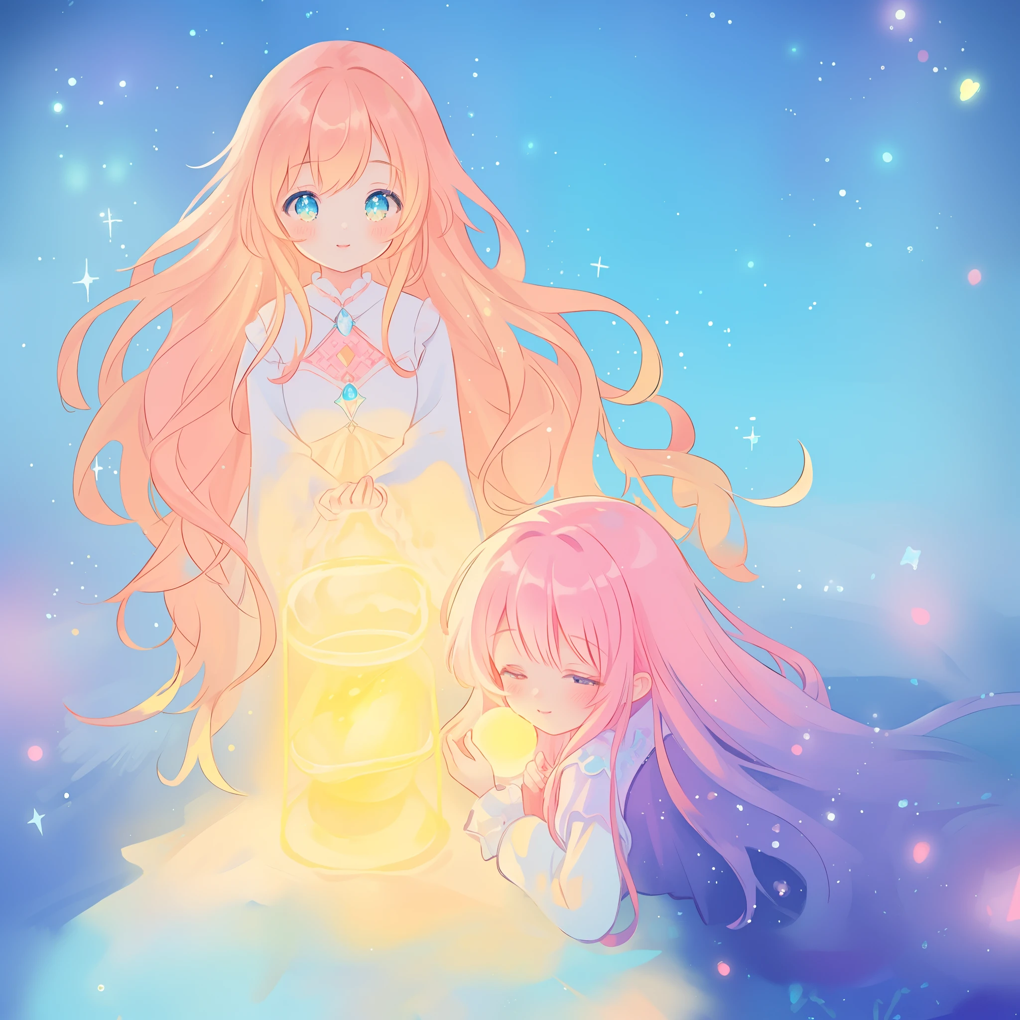 beautiful girl, puffy tiered ballgown with puffy long sleeves, vibrant pastel colors, (colorful), glowing golden long hair, magical lights, sparkling magical liquid, inspired by Glen Keane, inspired by Lois van Baarle, disney art style, by Lois van Baarle, glowing aura around her, by Glen Keane, jen bartel, glowing lights! digital painting, flowing glowing hair, glowing flowing hair, beautiful digital illustration, fantasia background, whimsical, magical, fantasy, ((beautiful face)), ((masterpiece, best quality)), intricate details, highly detailed, sharp focus, 8k resolution, sparkling detailed eyes, liquid watercolor