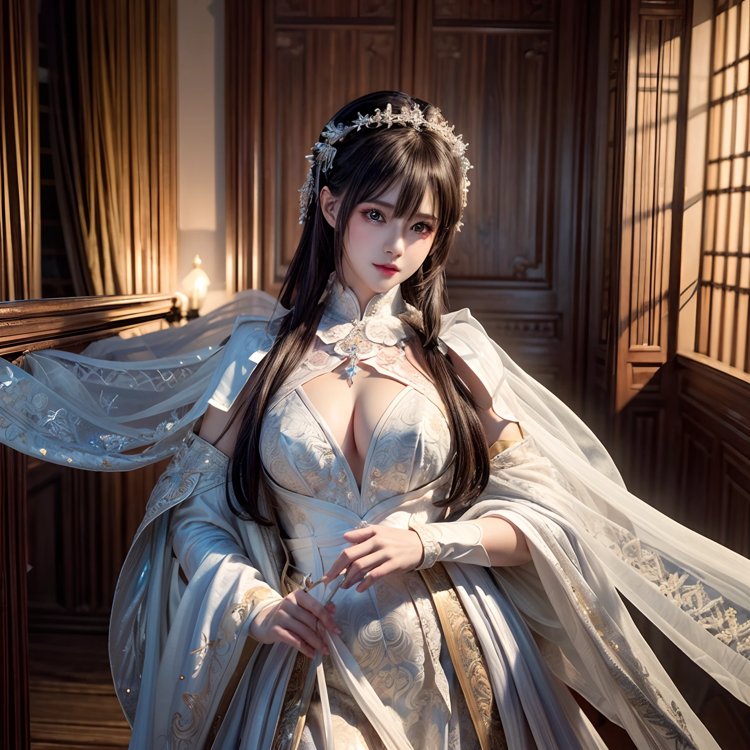 ((masterpiece))), (((best quality))), ((ultra-detailed)), (hyperrealistic), (highly detailed CG illustration), cinematic light, photorealistic ,extremely beautiful young lady, light makeup, intricate detailed eaba, white intricate cape, dynamic pose, spear