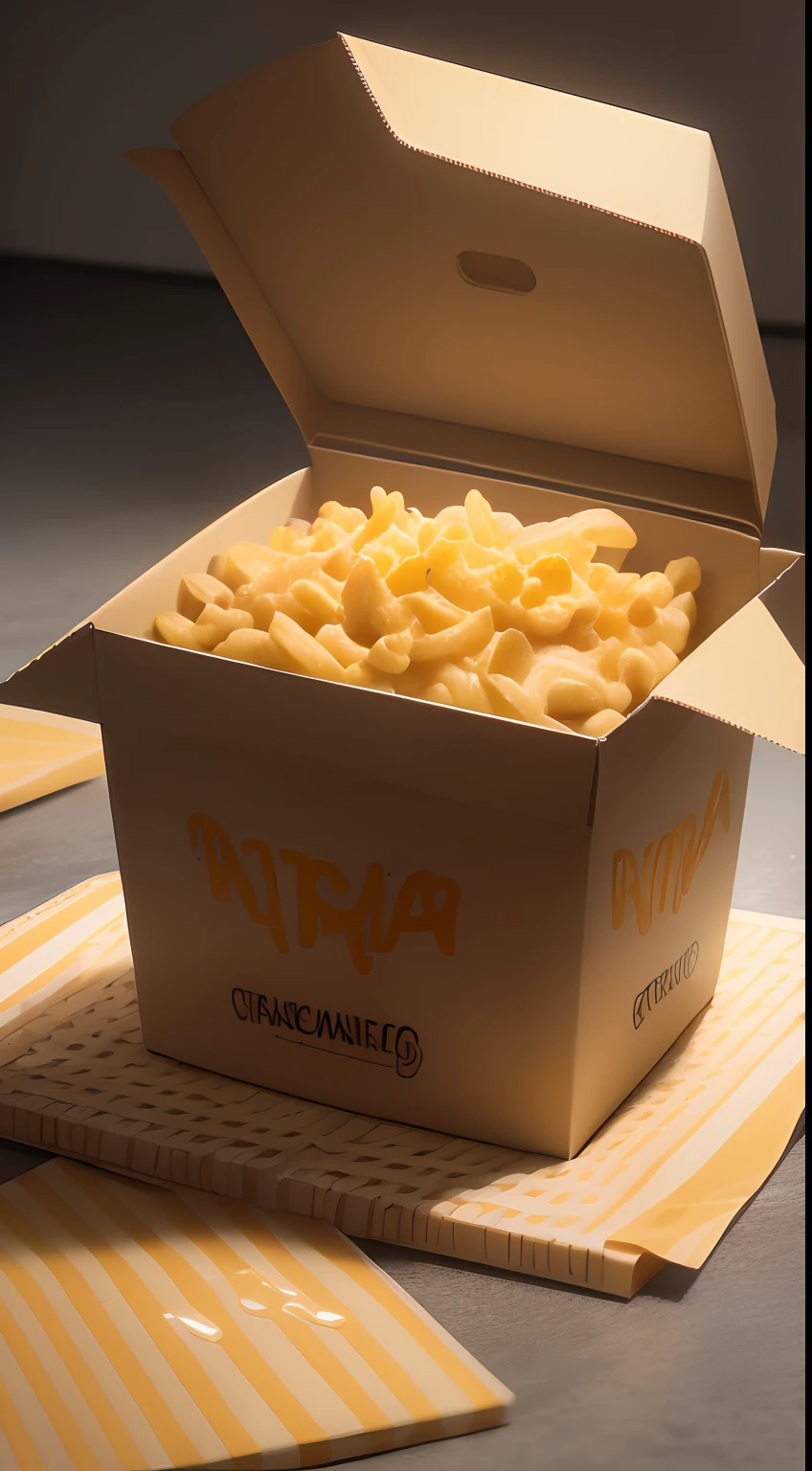 product photography: Melted macaroni and cheese in a modern fast-food-style cardboard box , intrincado, epopeya, Altamente detallado, vibrante, food photography, Epic render, octano, Luces de acento, (retroiluminado:1.3), (Kinematic:1.3), Detalles intrincados, (Artstation:1.3)